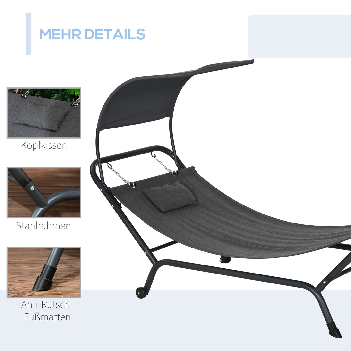 Sun lounger with cover, cushion, 240x92x148cm, dark grey