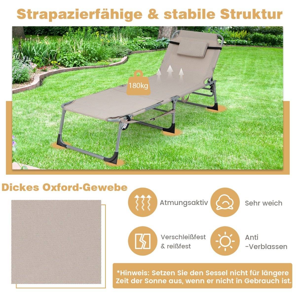 Sun Lounger with Face Opening & Adjustable Backrest & Footrest Foldable Garden Lounger Beige