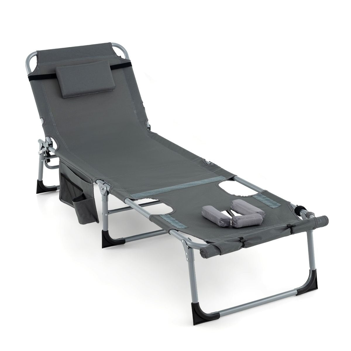 Sun Lounger with Face Opening & Adjustable Backrest & Footrest Foldable Garden Lounger Gray
