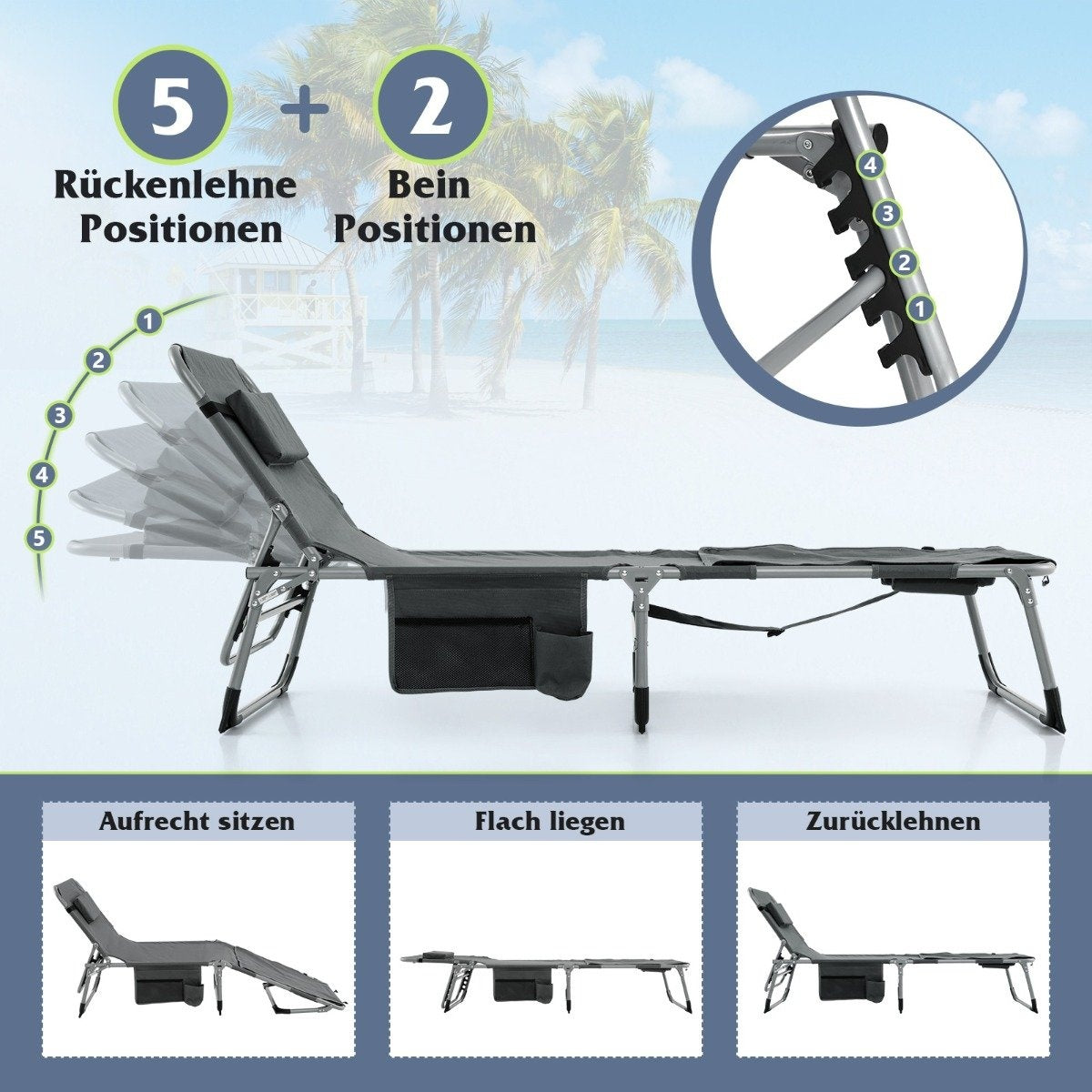 Sun Lounger with Face Opening & Adjustable Backrest & Footrest Foldable Garden Lounger Gray