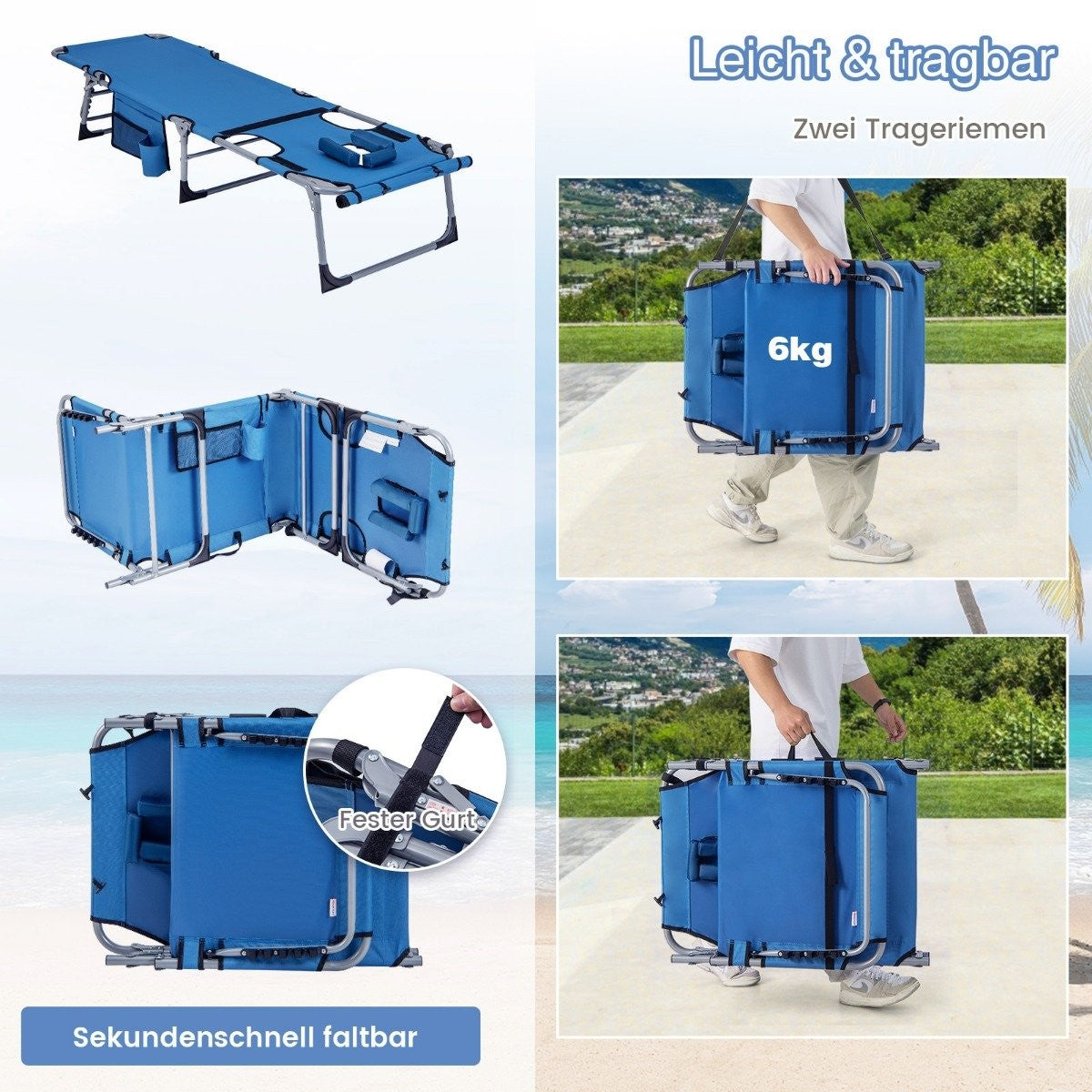 Sun Lounger with Face Opening Foldable Garden Lounger with Adjustable Backrest and Footrest Blue