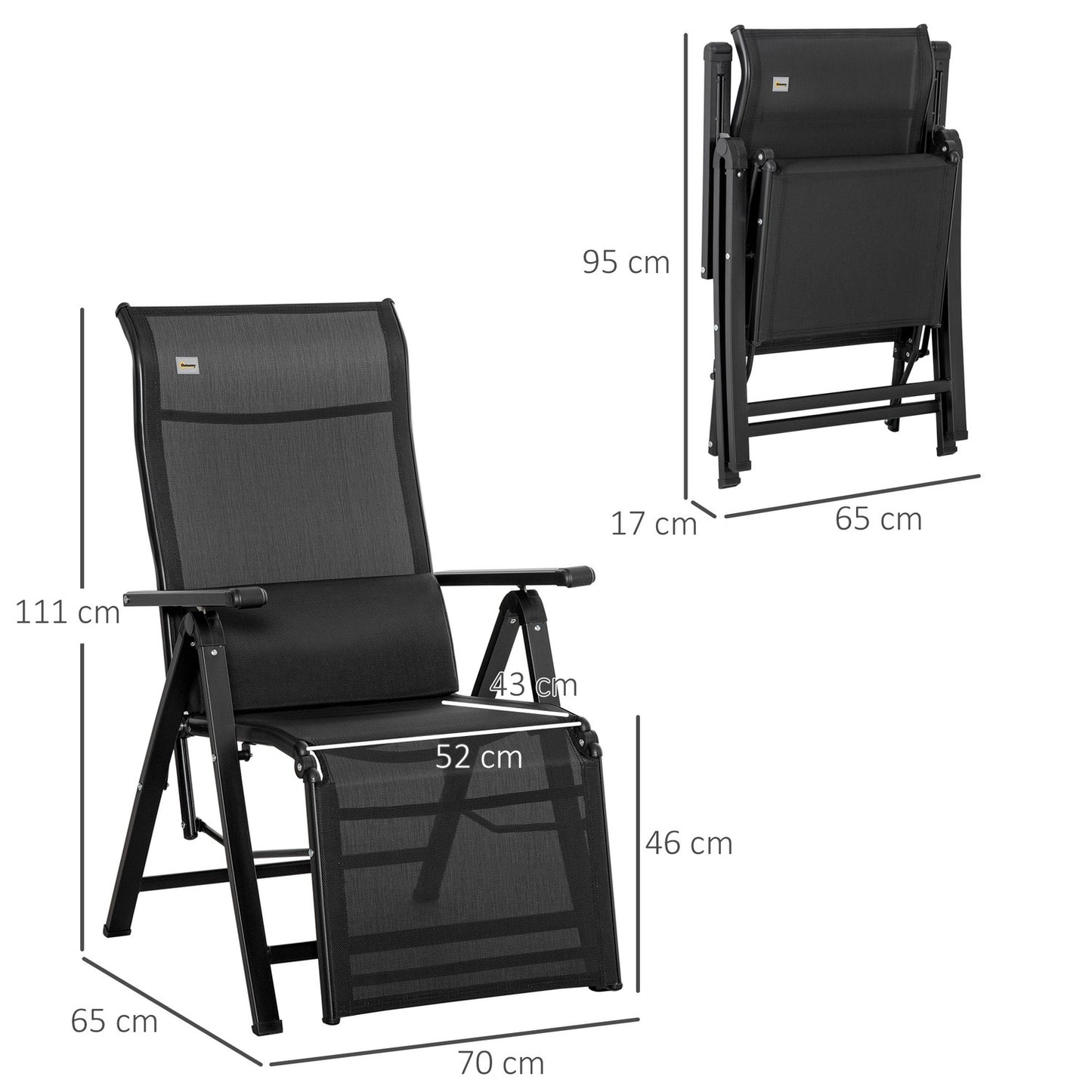 Adjustable reclining garden chair, black textile, steel 70x65x111 cm