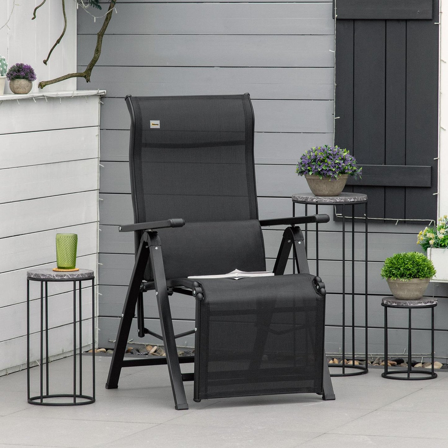 Adjustable reclining garden chair, black textile, steel 70x65x111 cm