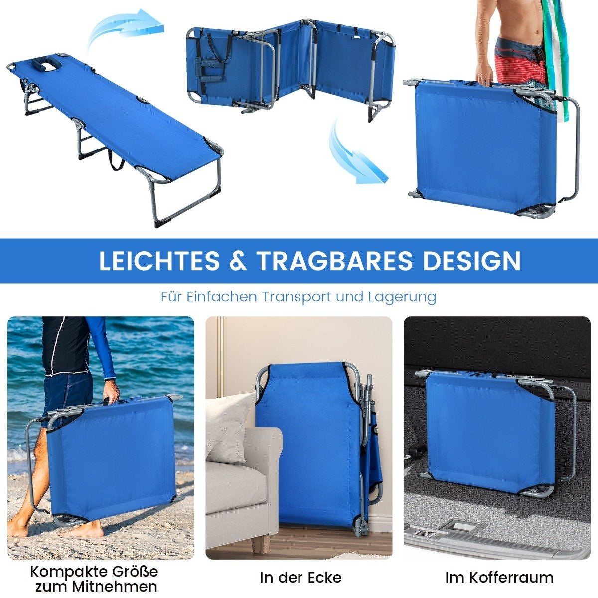 Sun lounger folding beach lounger 194 x 60 x 36-86 cm blue