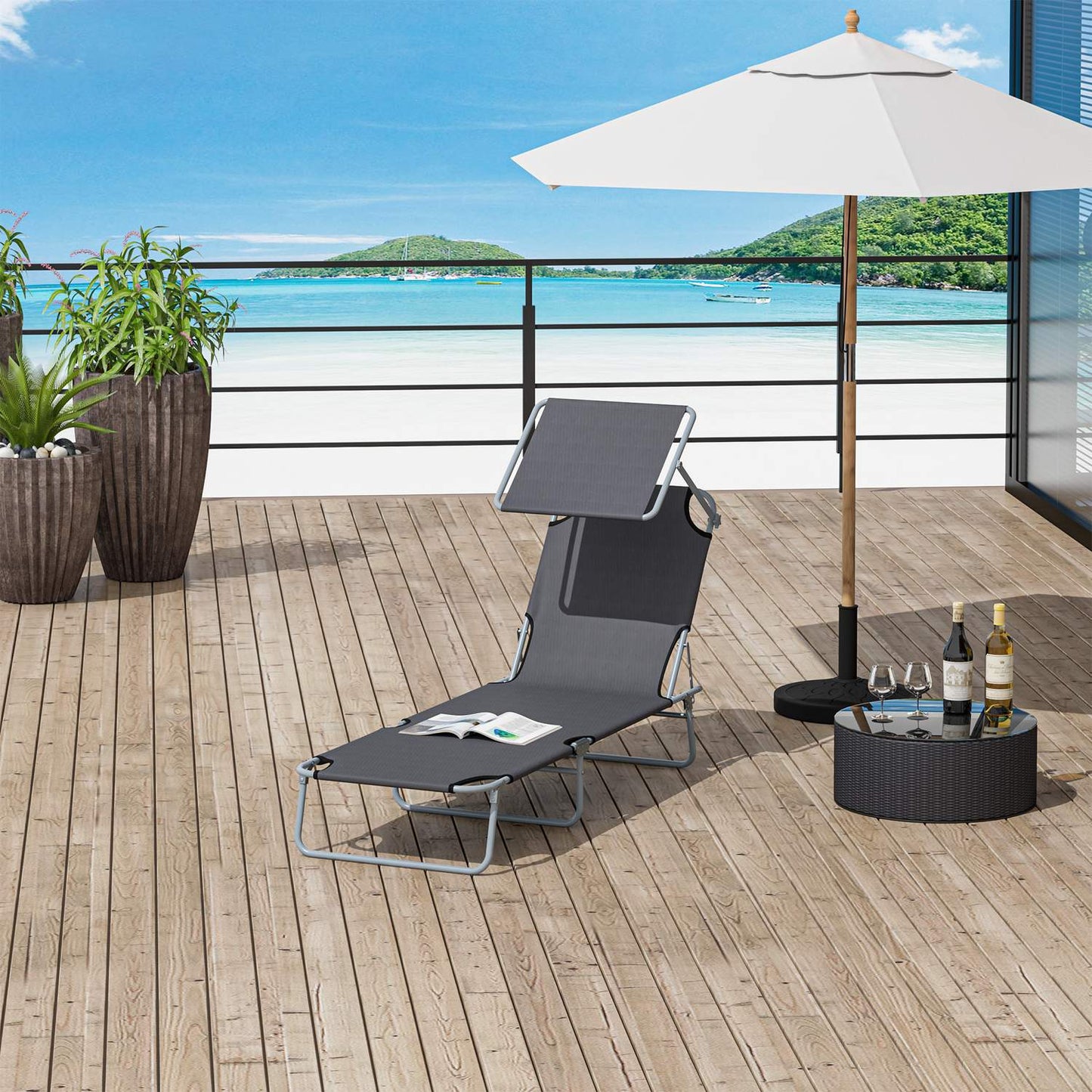 Folding sun lounger with sun protection, Gray - 187x58x36 cm