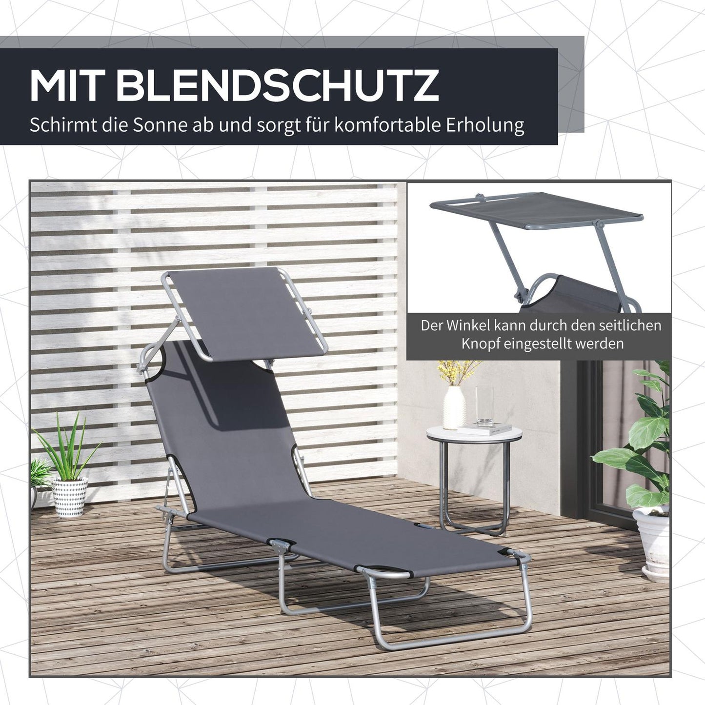 Folding sun lounger with sun protection, Gray - 187x58x36 cm