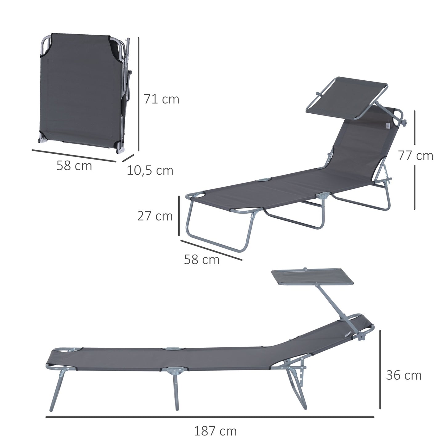 Folding sun lounger with sun protection, Gray - 187x58x36 cm