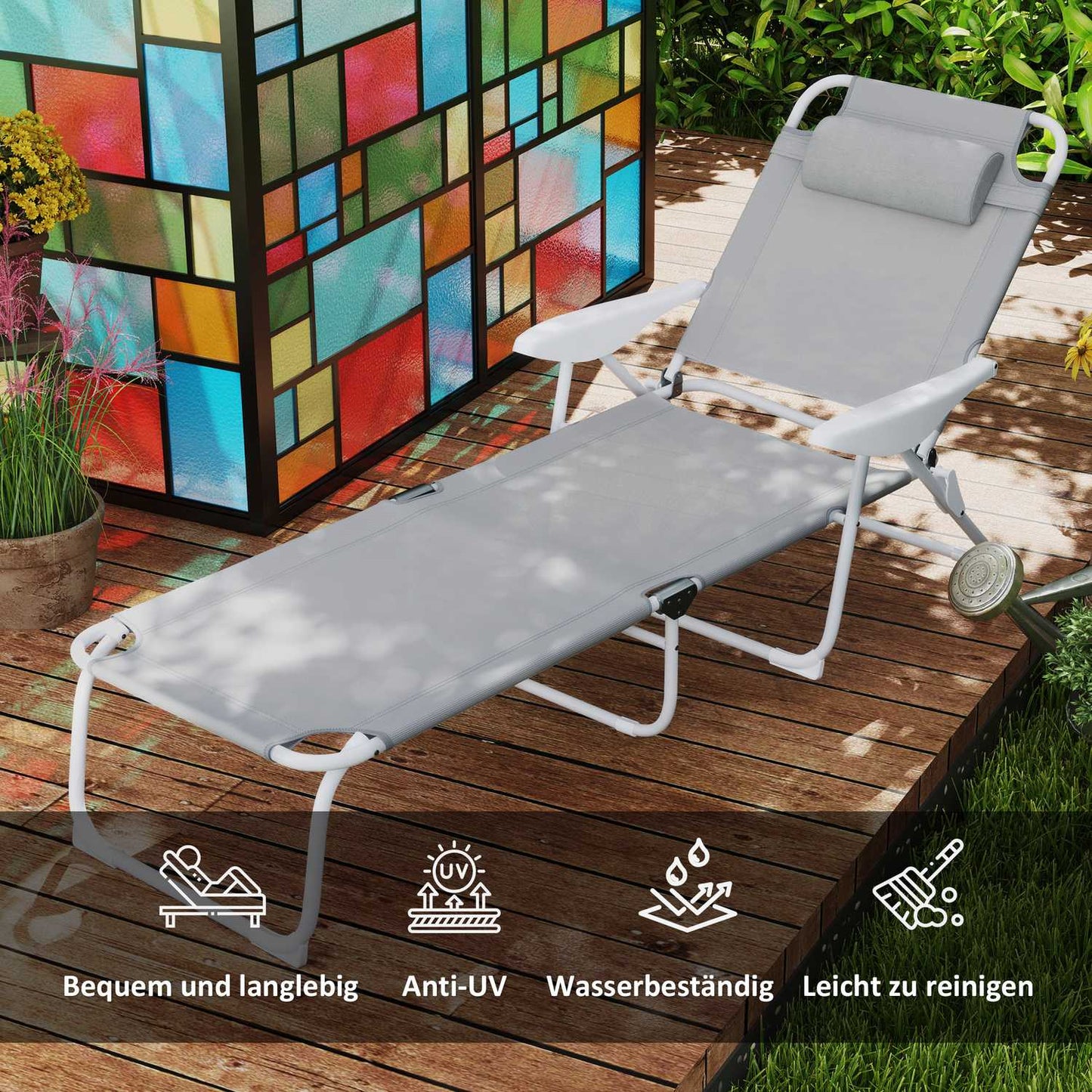 Folding garden sun lounger with adjustable backrest, light grey