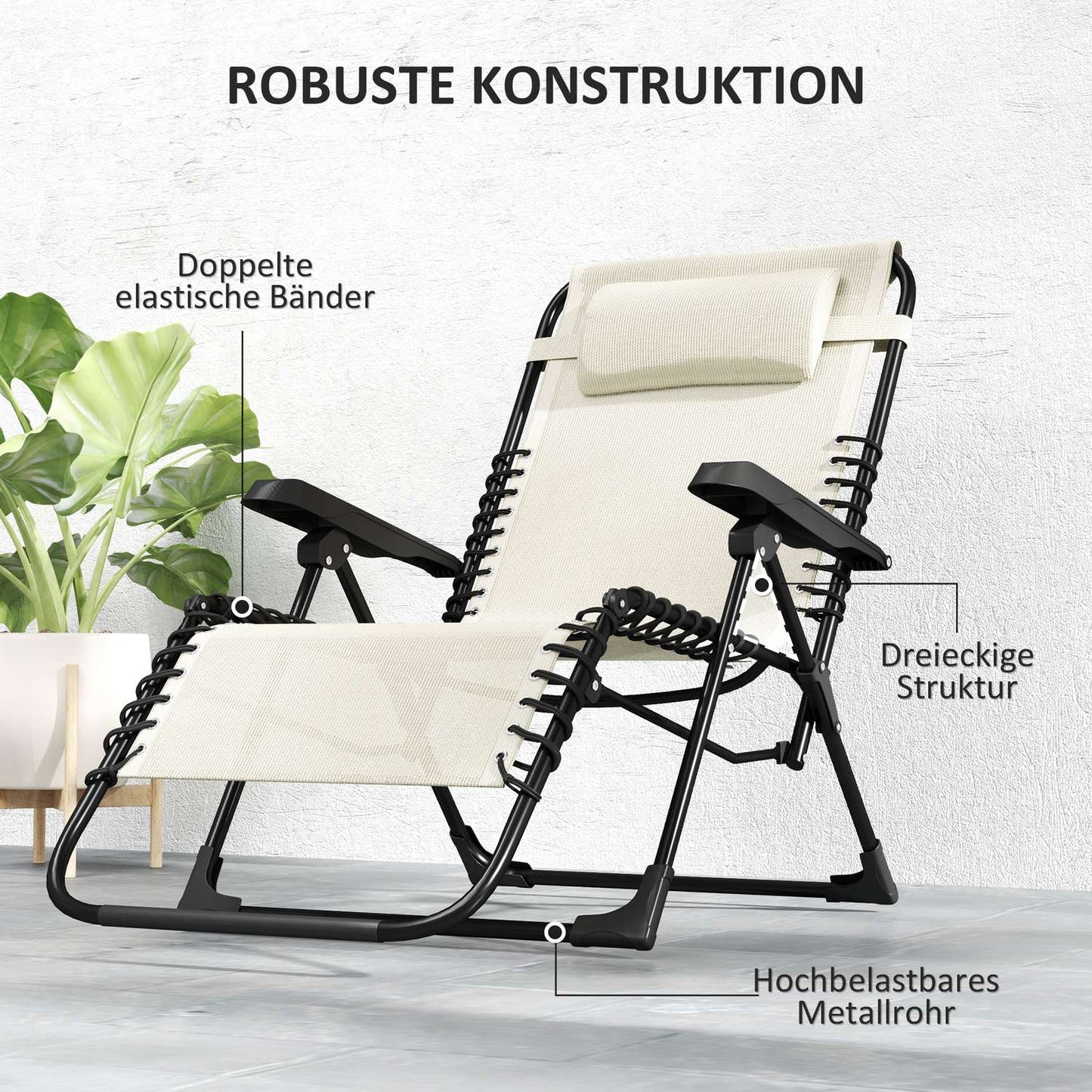 Folding sun lounger with cushion, 5-position back, beige
