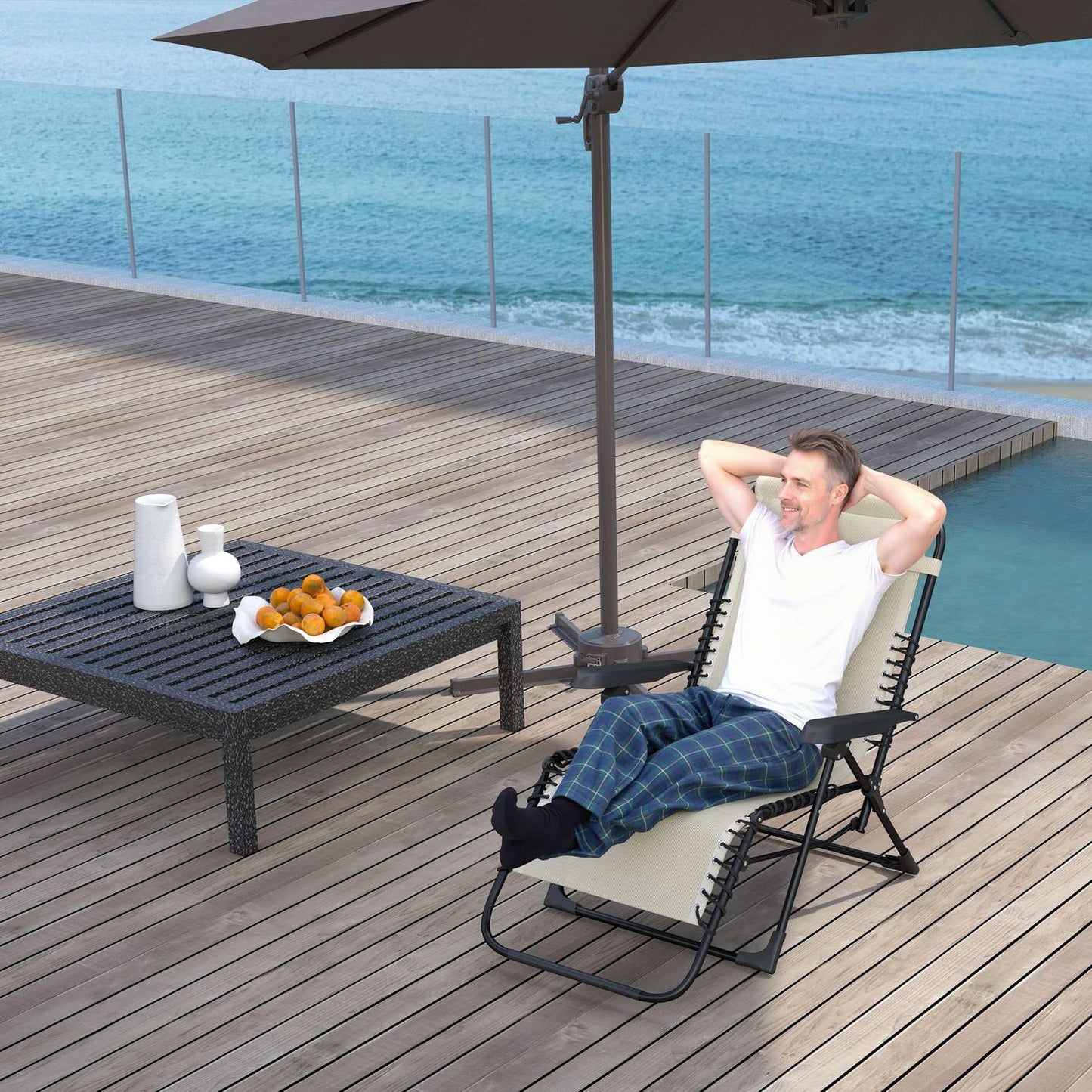 Folding sun lounger with cushion, 5-position back, beige