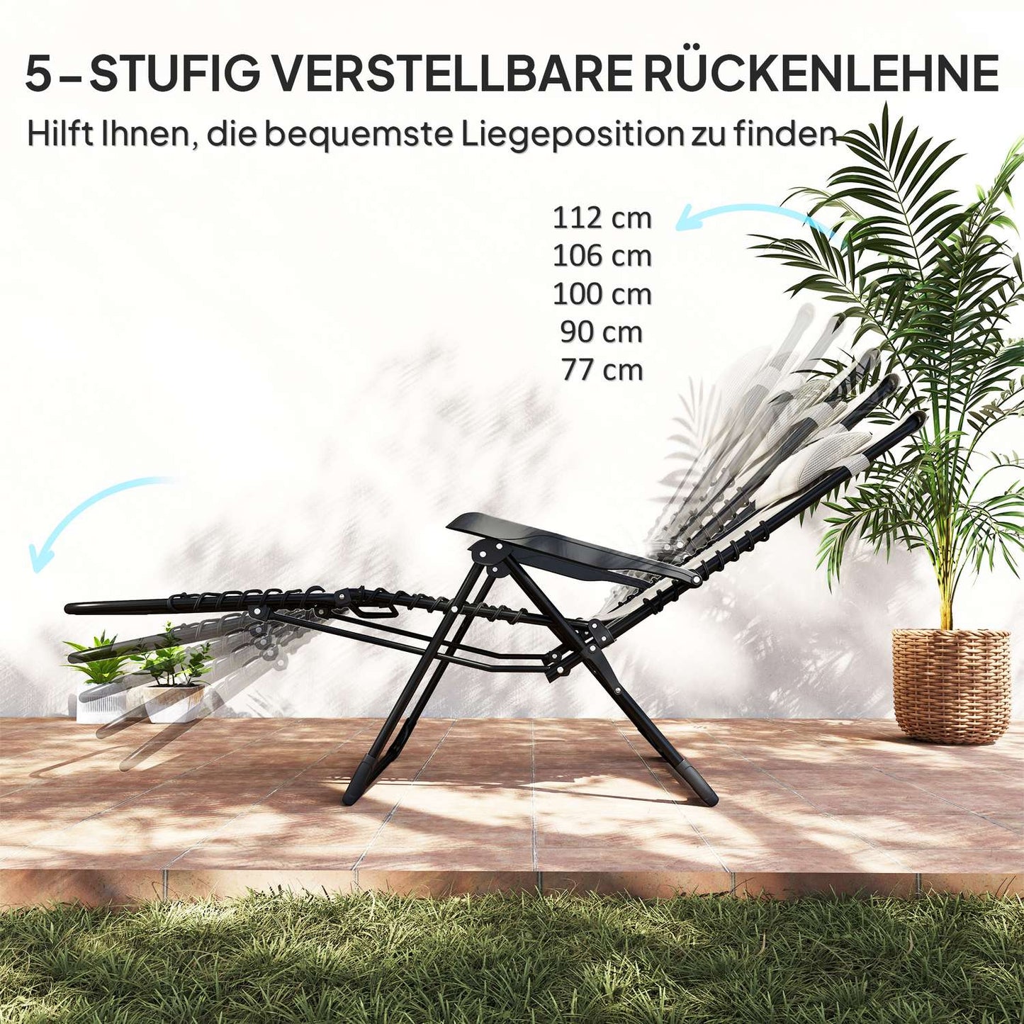 Folding sun lounger with cushion, 5-position back, beige