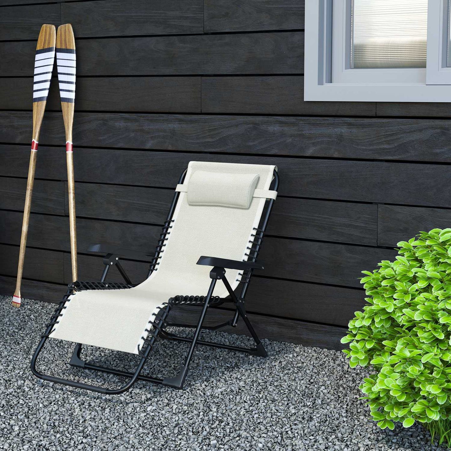 Folding sun lounger with cushion, 5-position back, beige