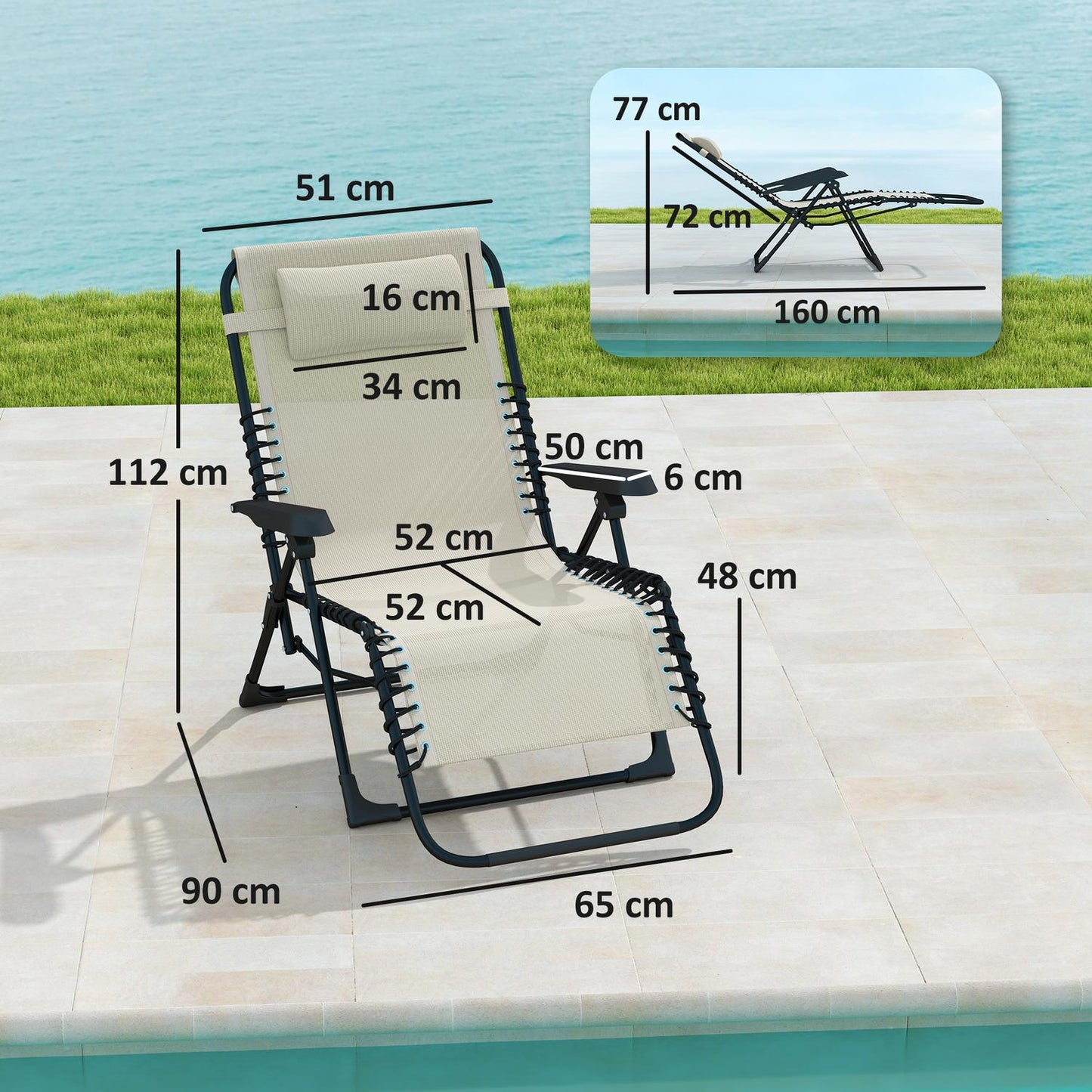 Folding sun lounger with cushion, 5-position back, beige