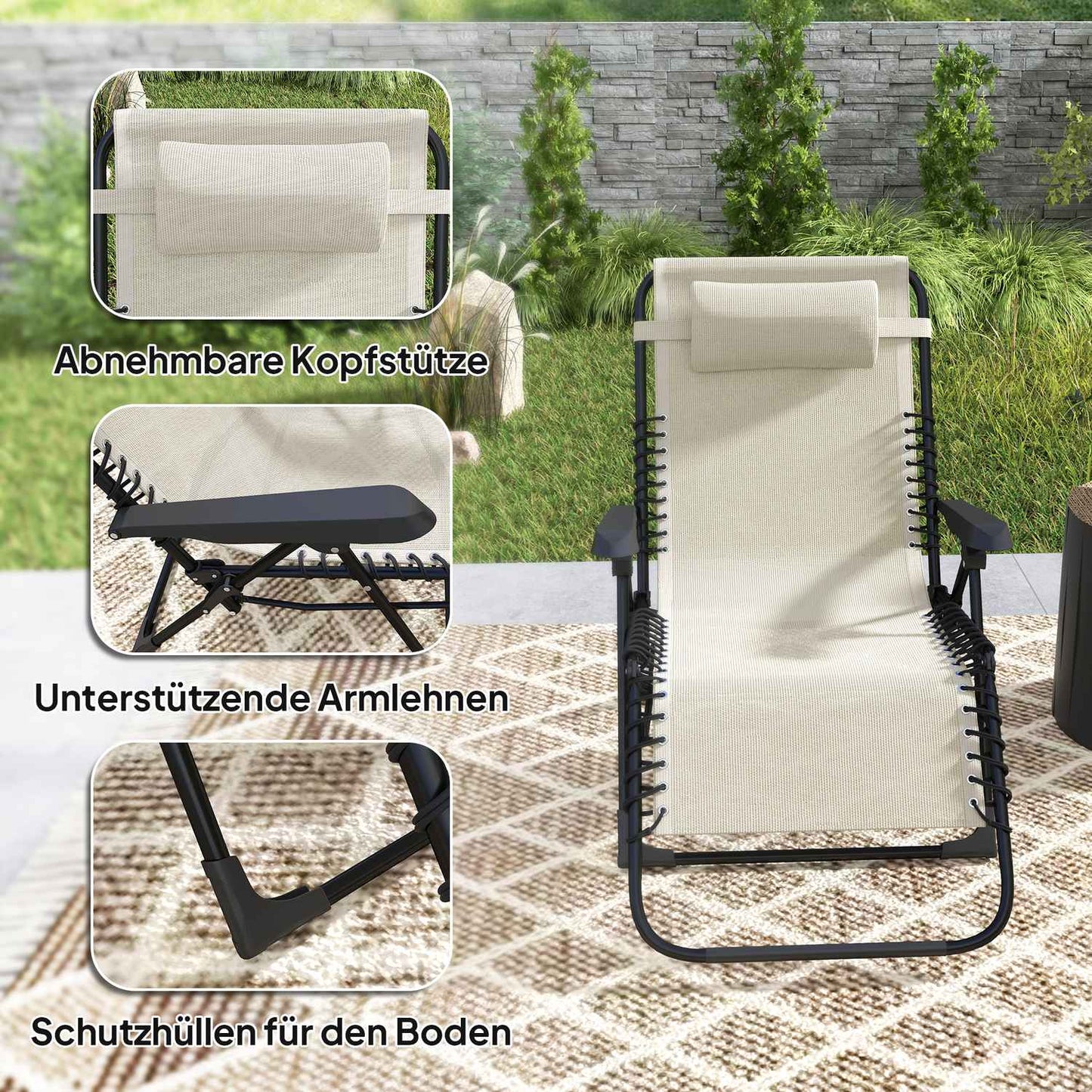 Folding sun lounger with cushion, 5-position back, beige