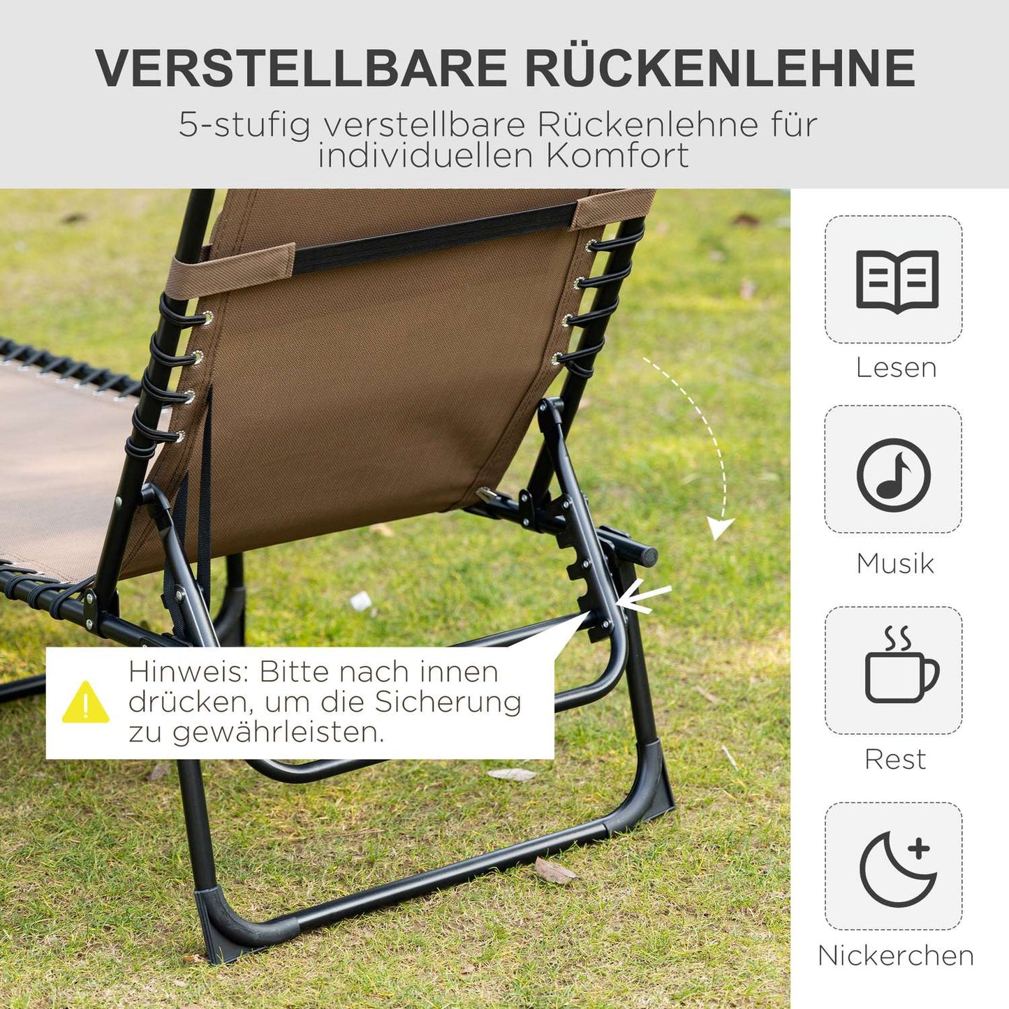 Folding sun lounger with cushion & pocket - weatherproof, brown