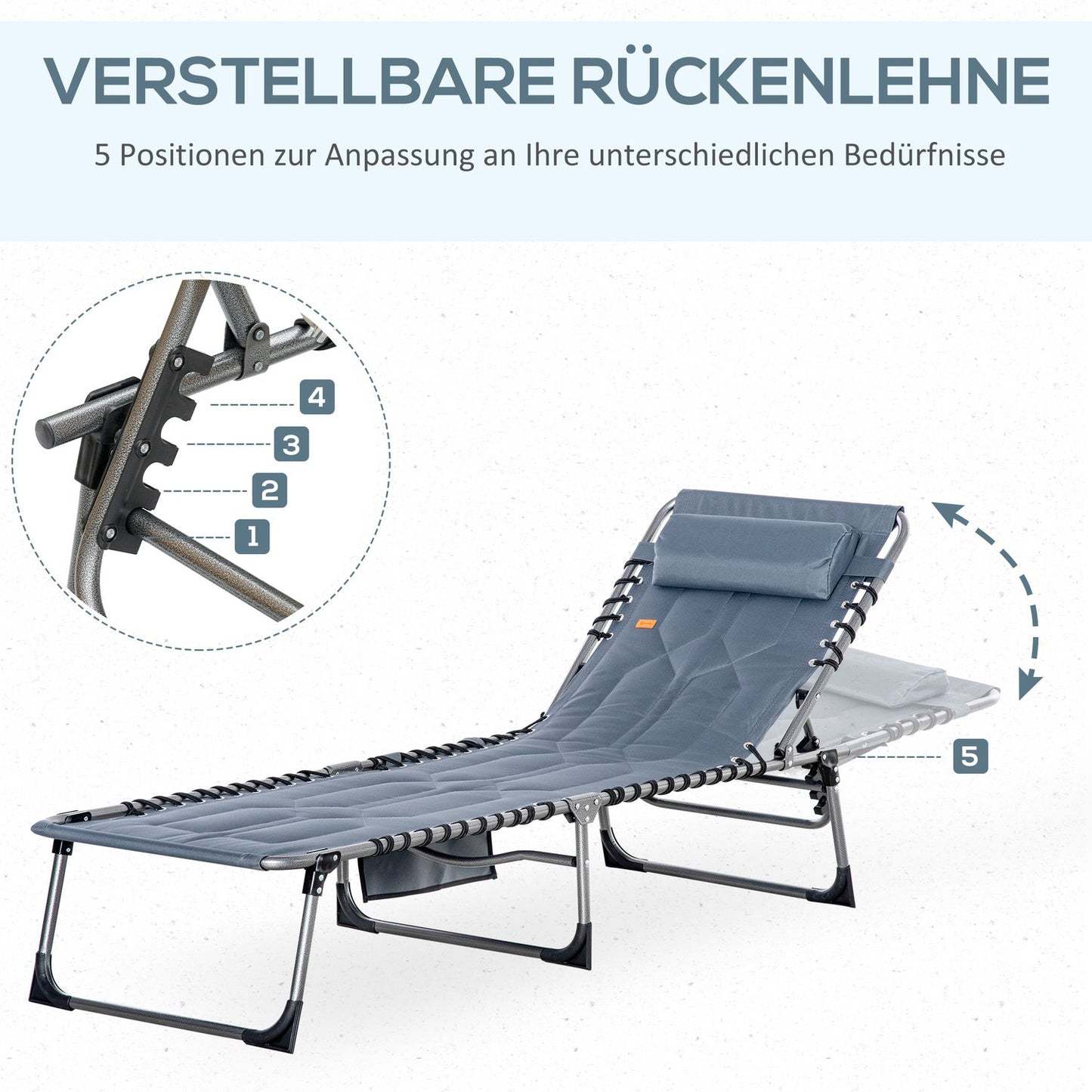 Folding sun lounger with cushion & side pocket, grey