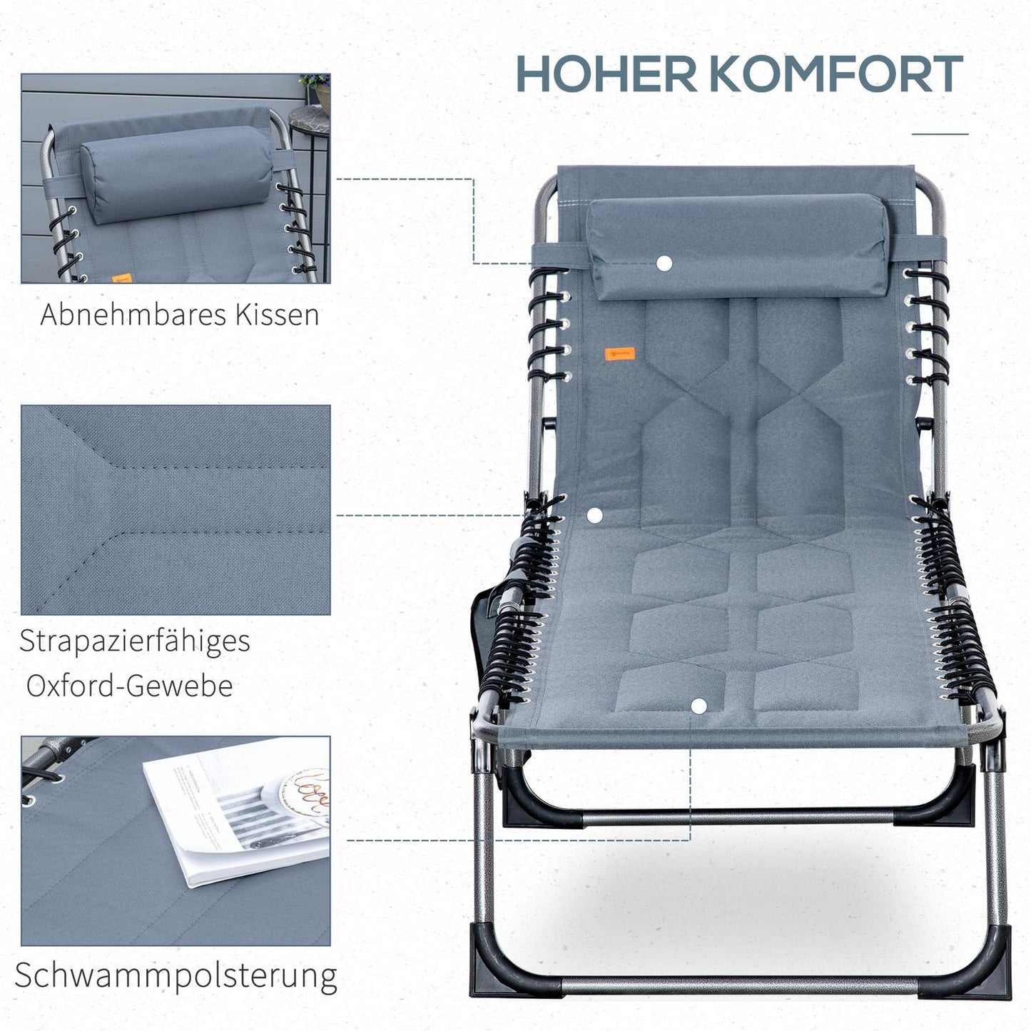 Folding sun lounger with cushion & side pocket, grey