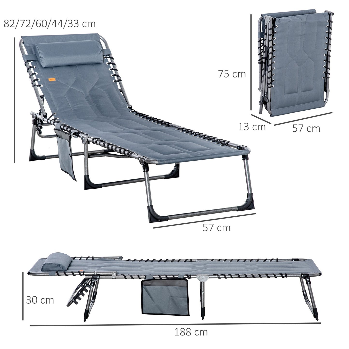 Folding sun lounger with cushion & side pocket, grey