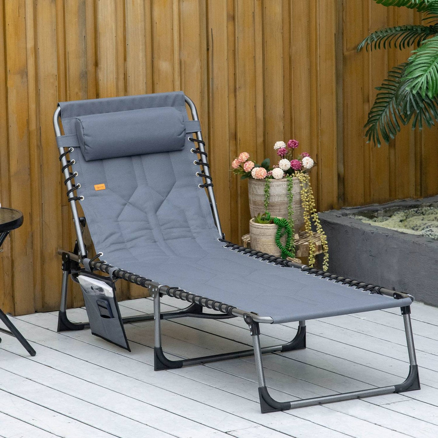 Folding sun lounger with cushion & side pocket, grey