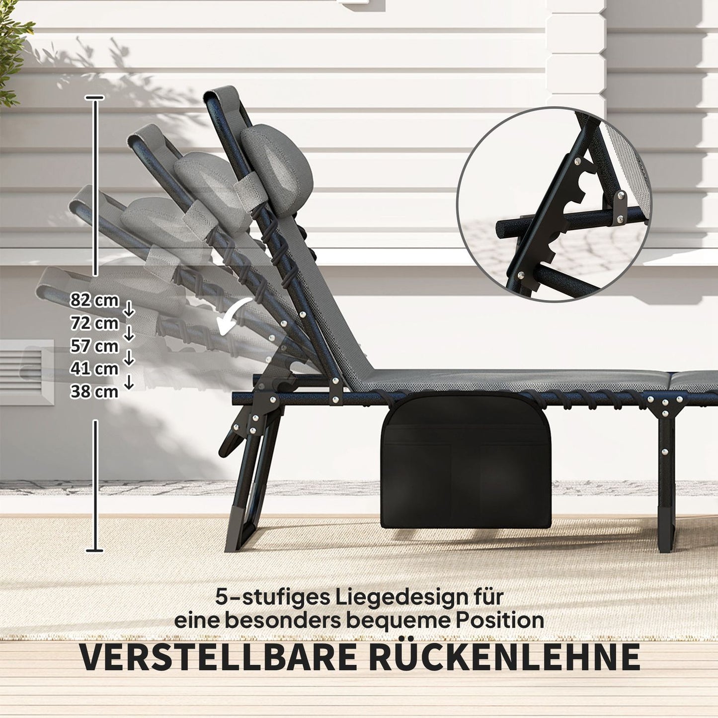 Folding deck chair with cushion & adjustable backrest, 120 kg limit