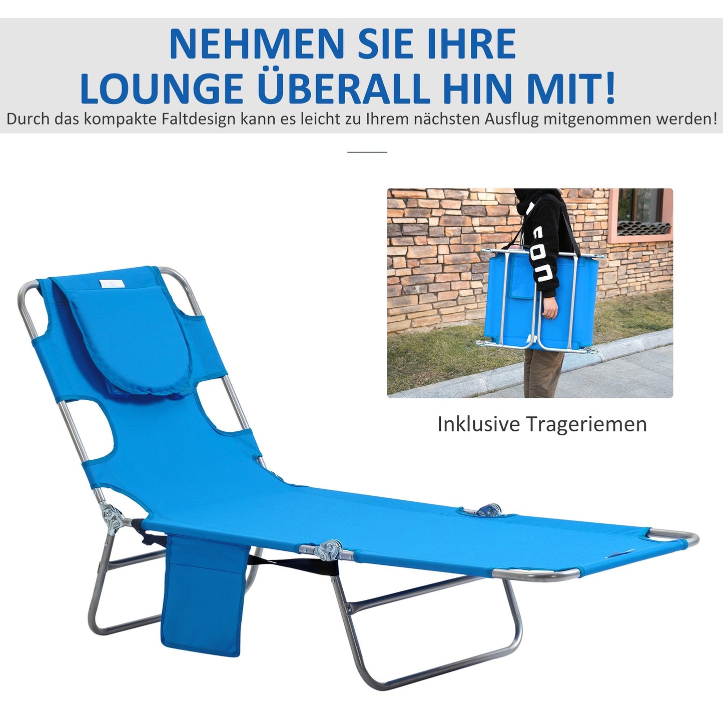Folding sun lounger with cushion and adjustable backrest