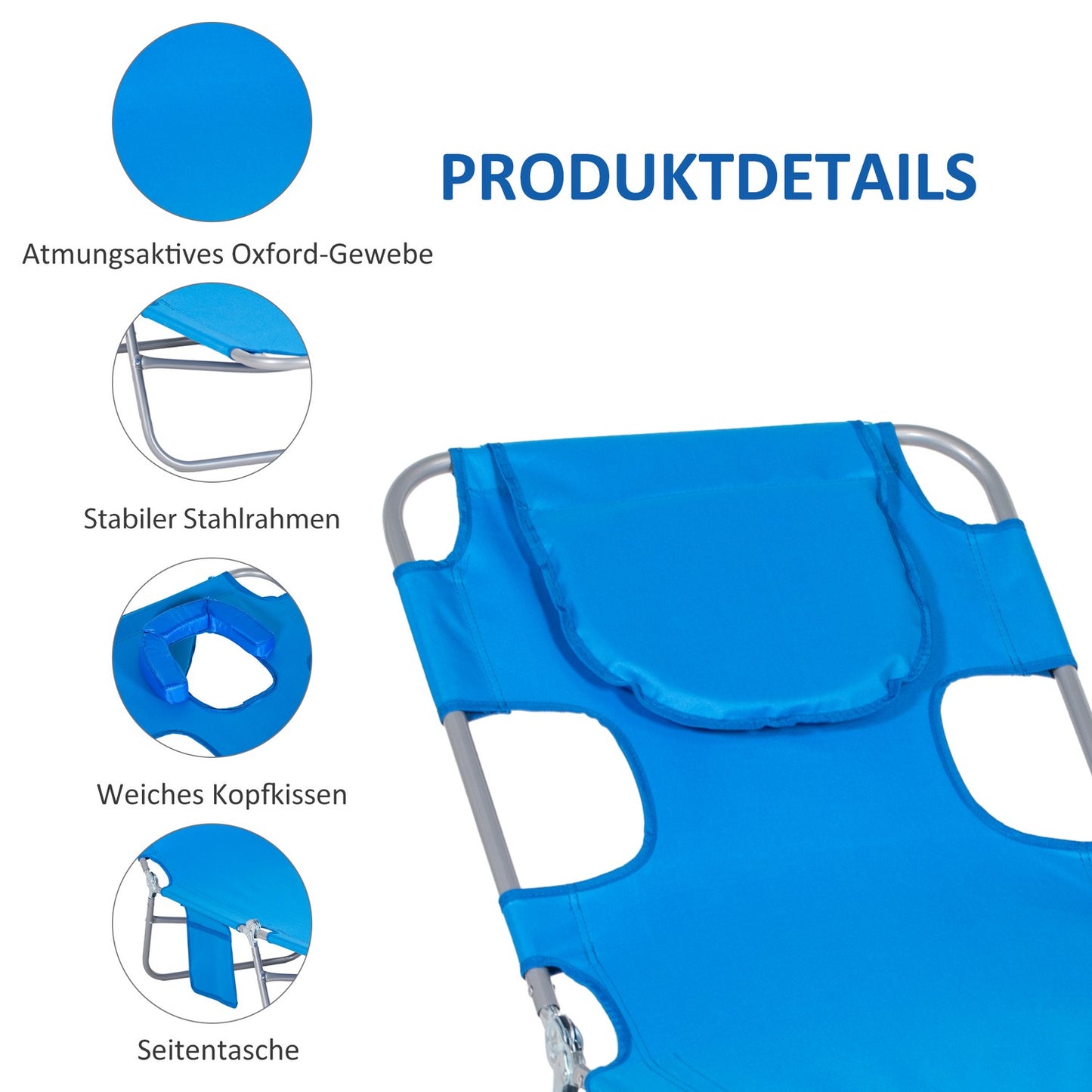 Folding sun lounger with cushion and adjustable backrest