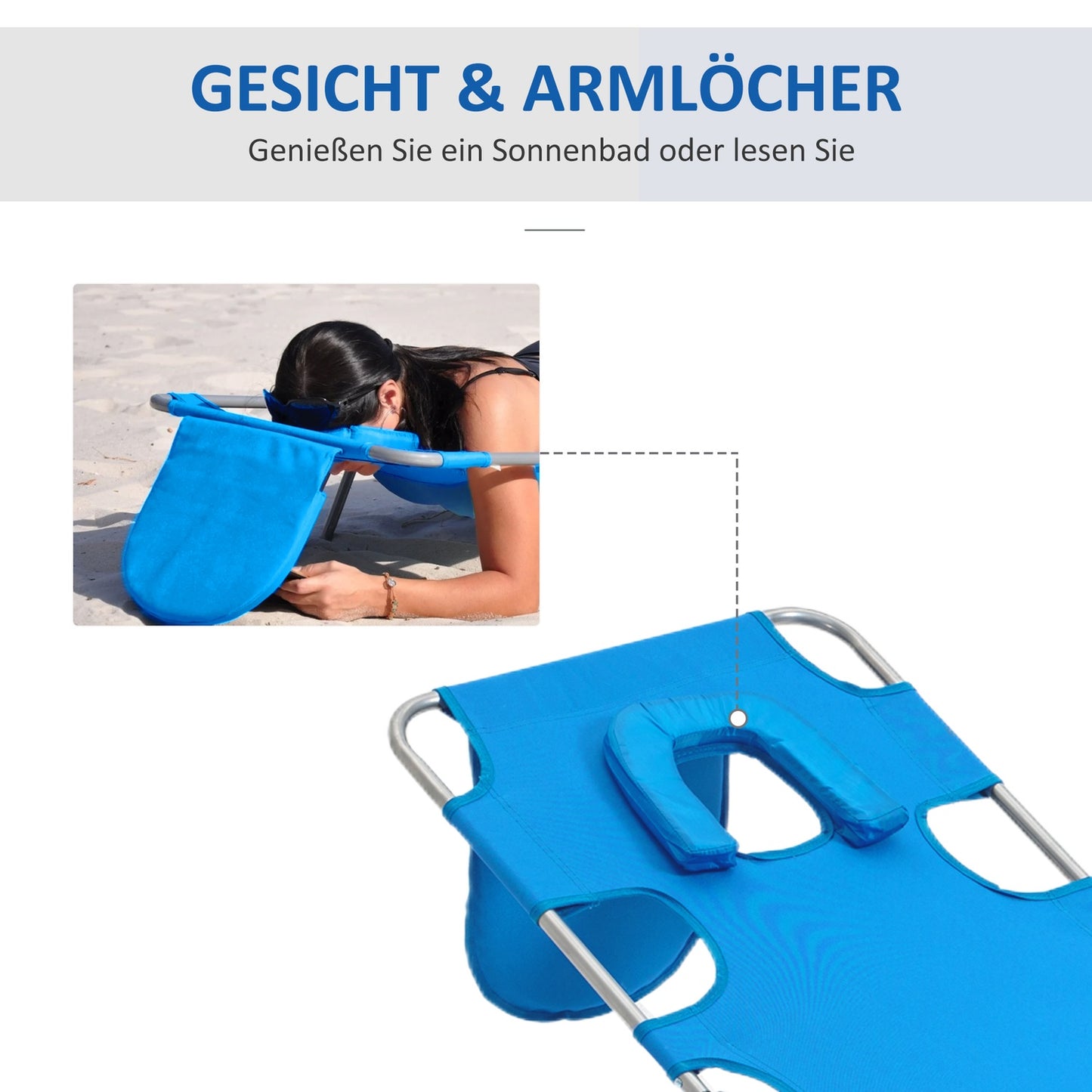 Folding sun lounger with cushion and adjustable backrest