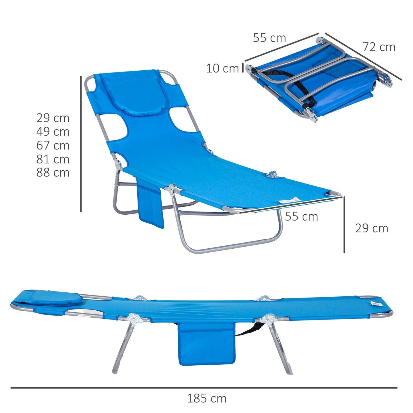 Folding sun lounger with cushion and adjustable backrest
