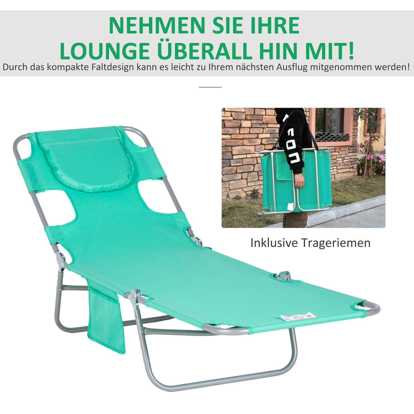 Folding garden sun lounger, 5 positions, weatherproof, green