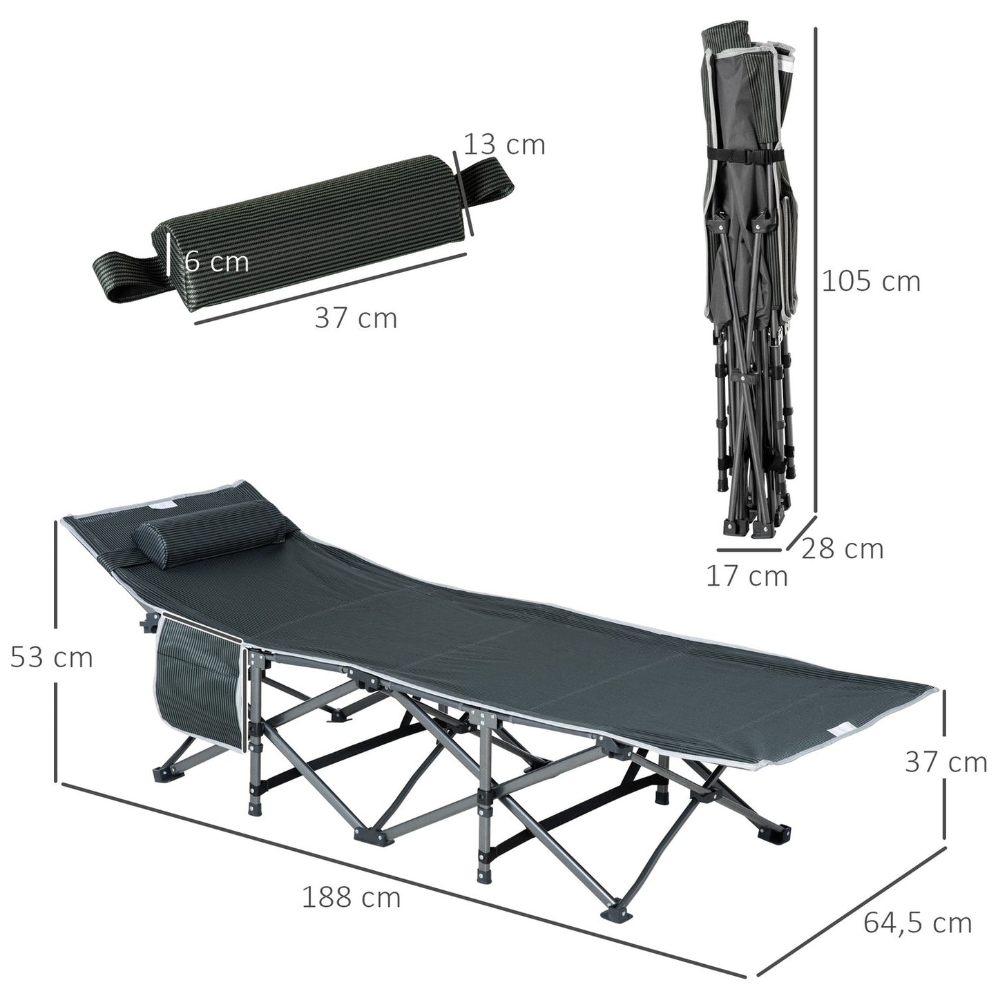Gray folding sun lounger with cushion and side pocket