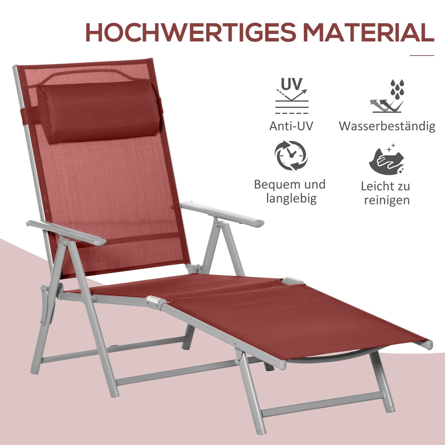 Adjustable sun lounger with cushion, burgundy, 137x63.5x100.5 cm