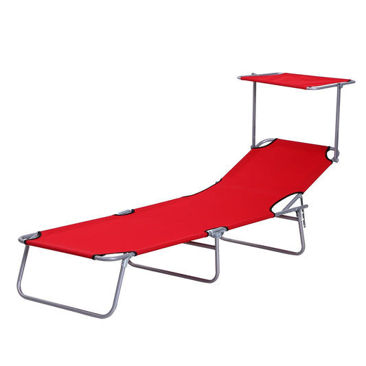 Folding red sun lounger with sun protection for outdoor use