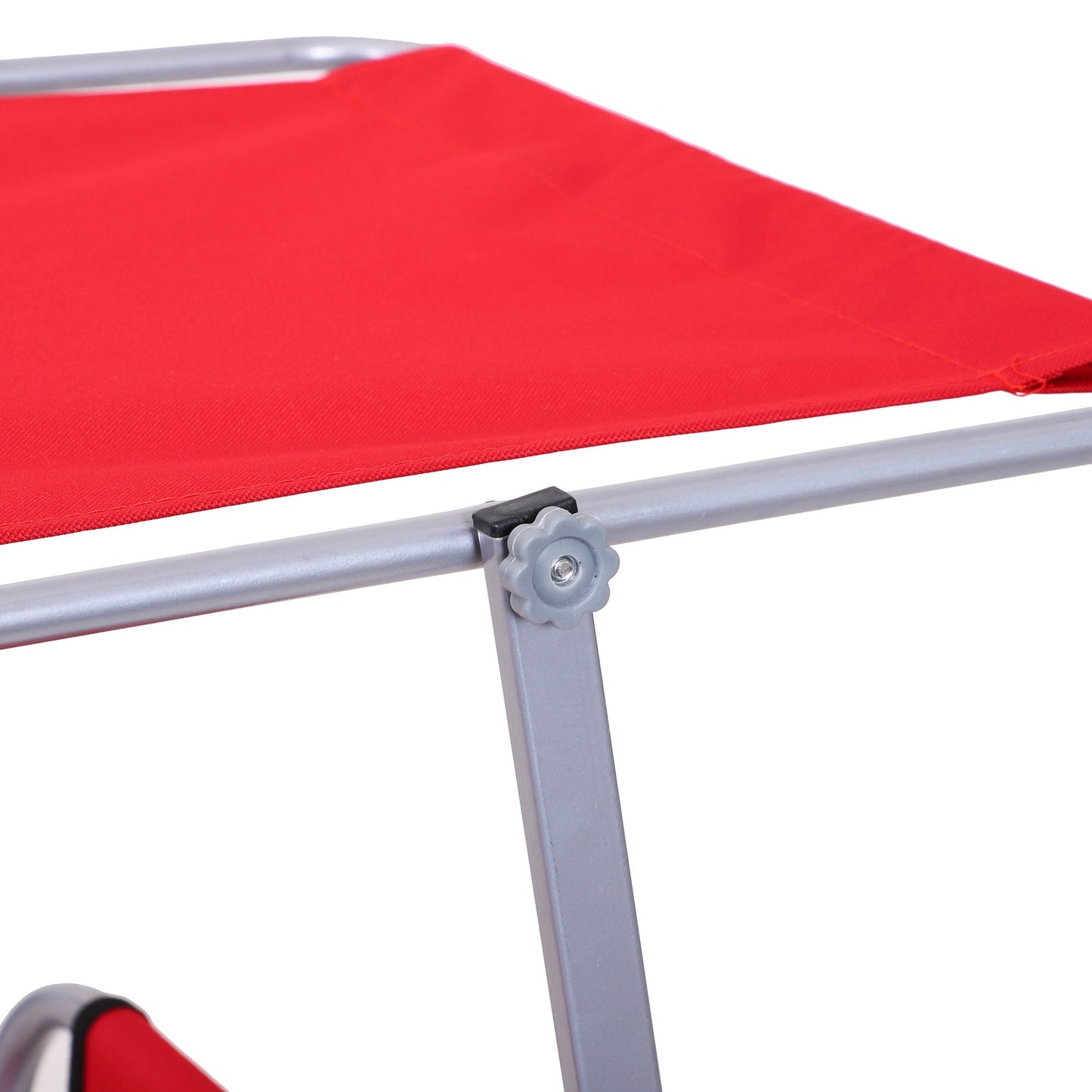 Folding red sun lounger with sun protection for outdoor use