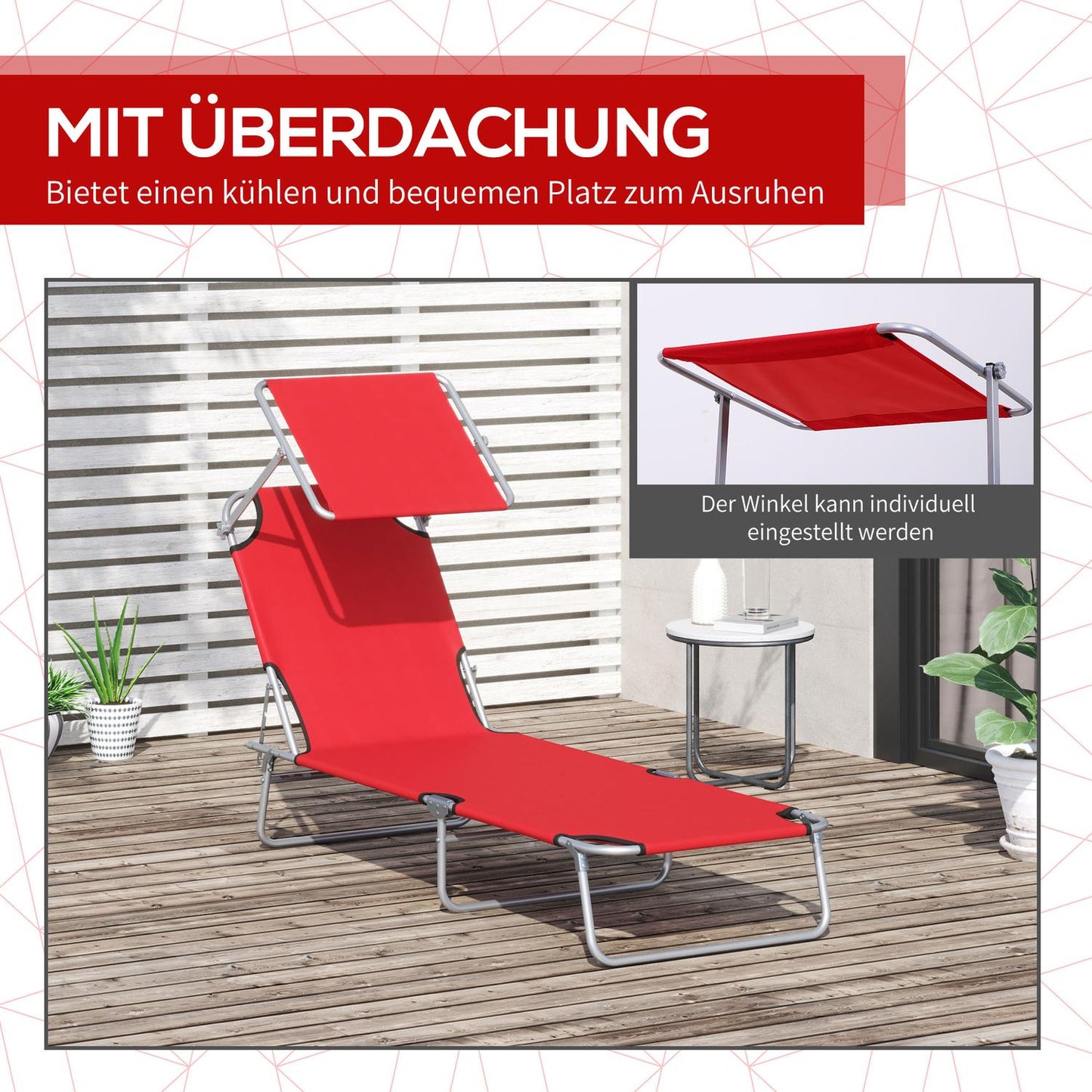 Folding red sun lounger with sun protection for outdoor use