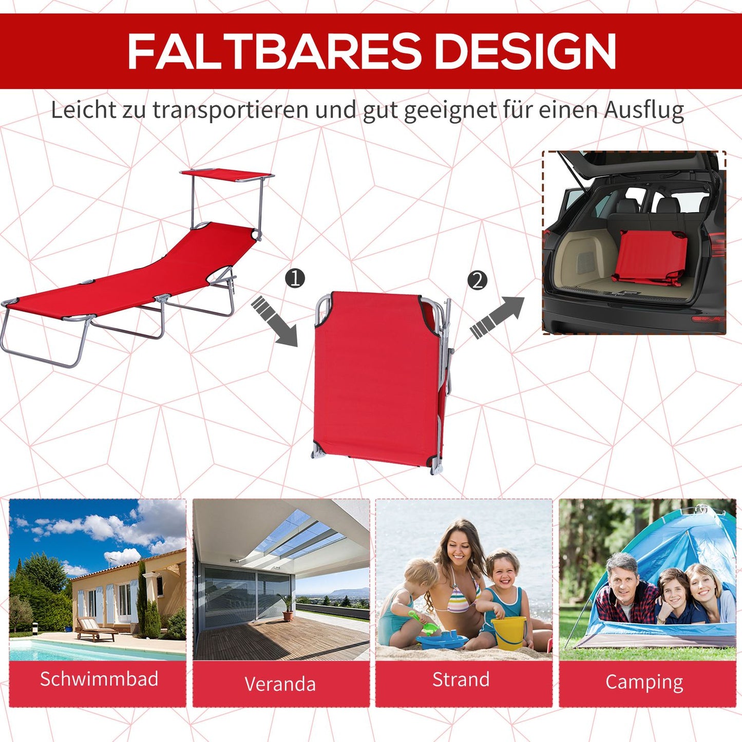 Folding red sun lounger with sun protection for outdoor use