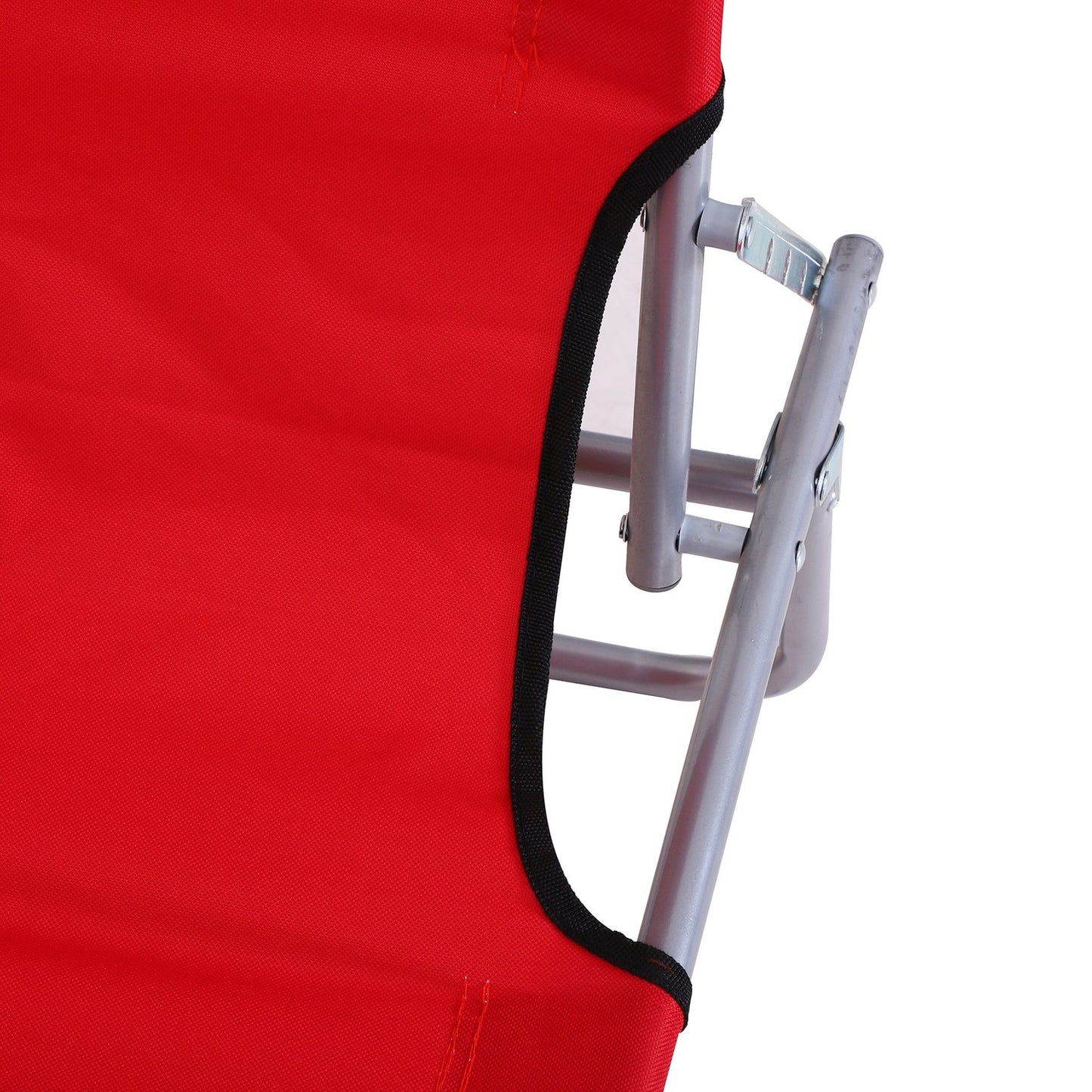 Folding red sun lounger with sun protection for outdoor use