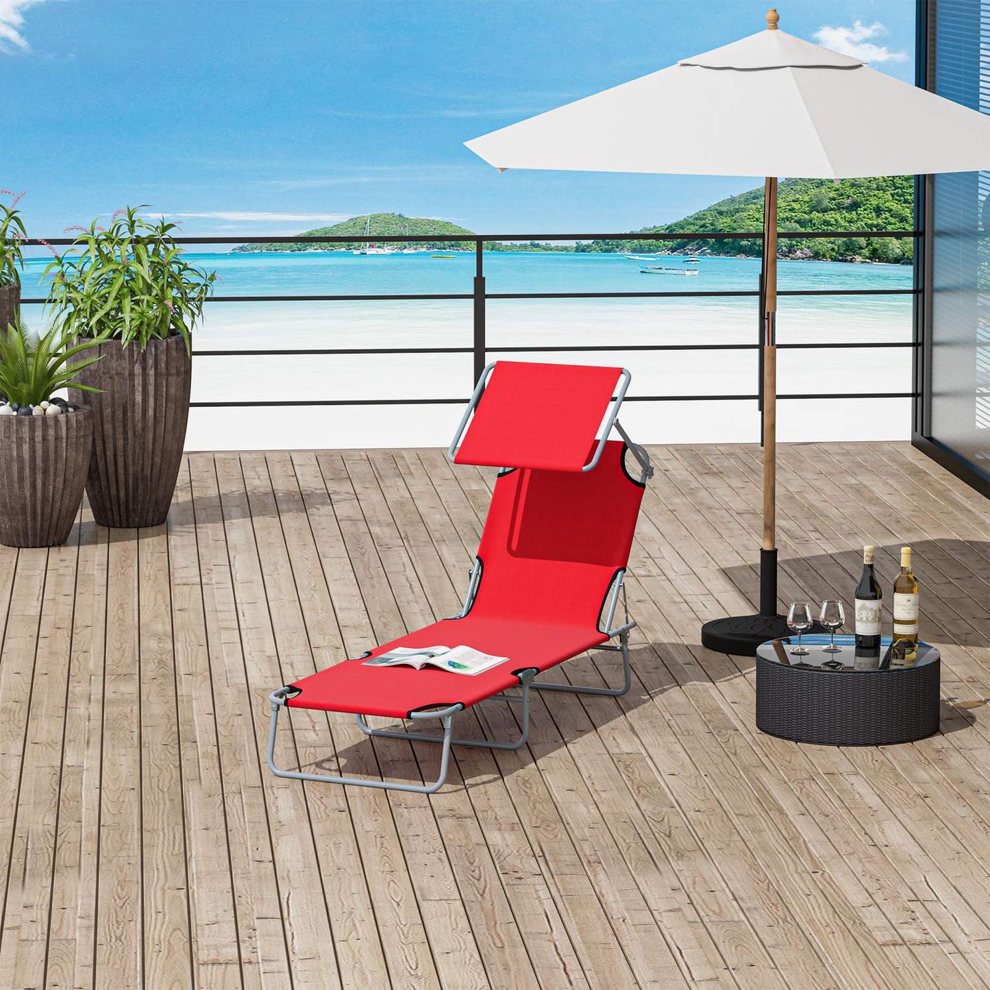 Folding red sun lounger with sun protection for outdoor use