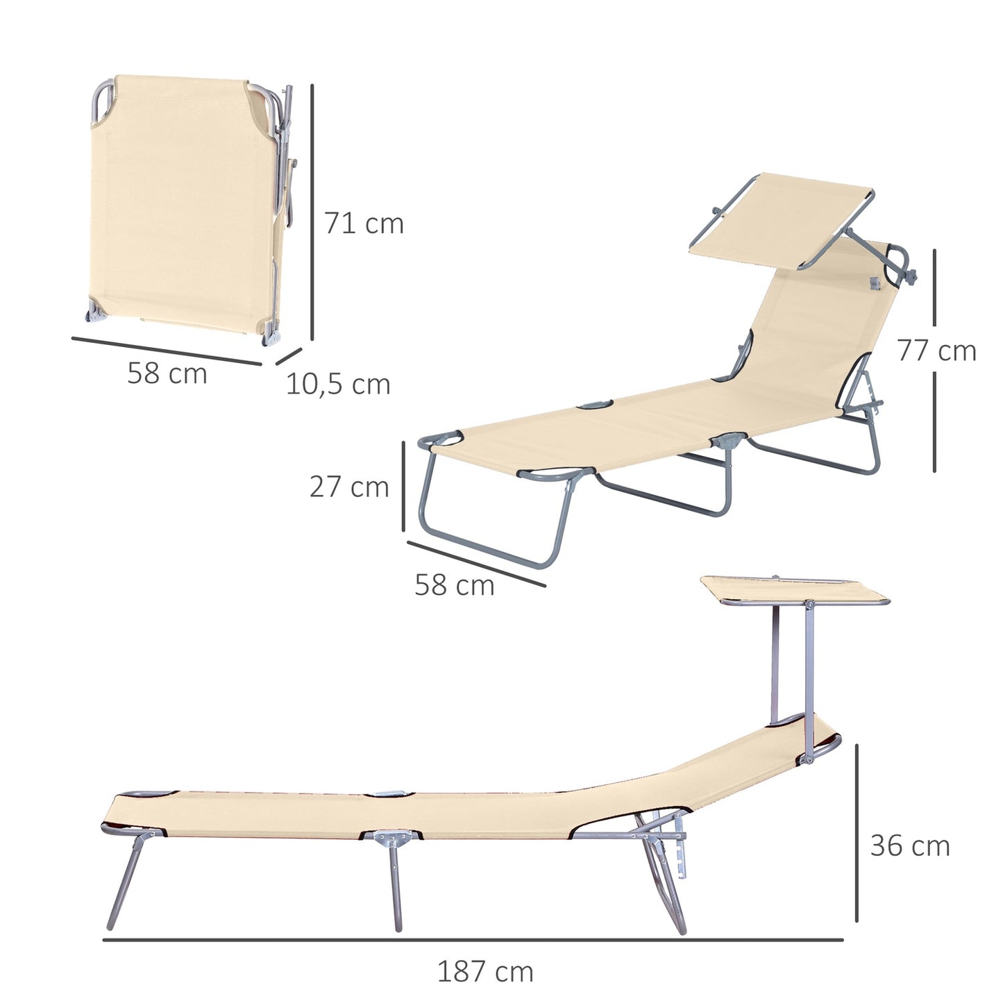 Folding deck chair with sun protection, Beige, 187x58x36 cm