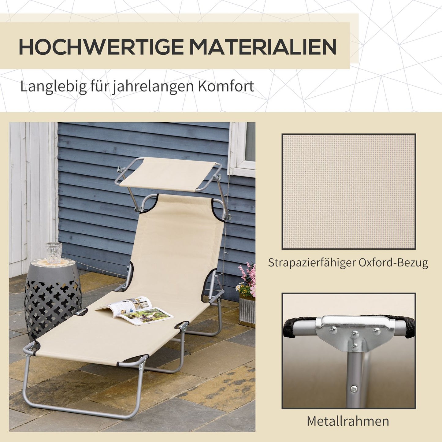 Folding deck chair with sun protection, Beige, 187x58x36 cm