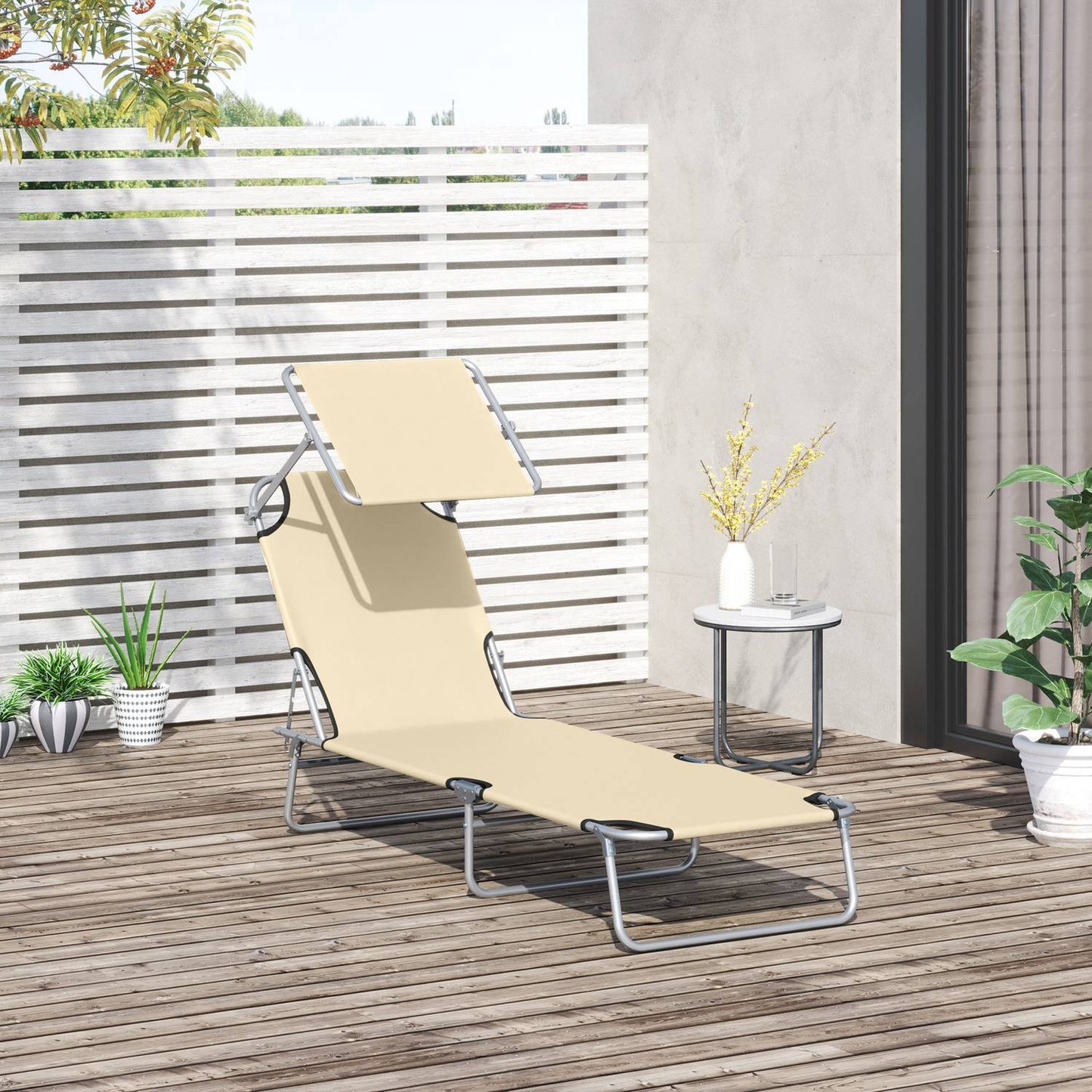 Folding deck chair with sun protection, Beige, 187x58x36 cm