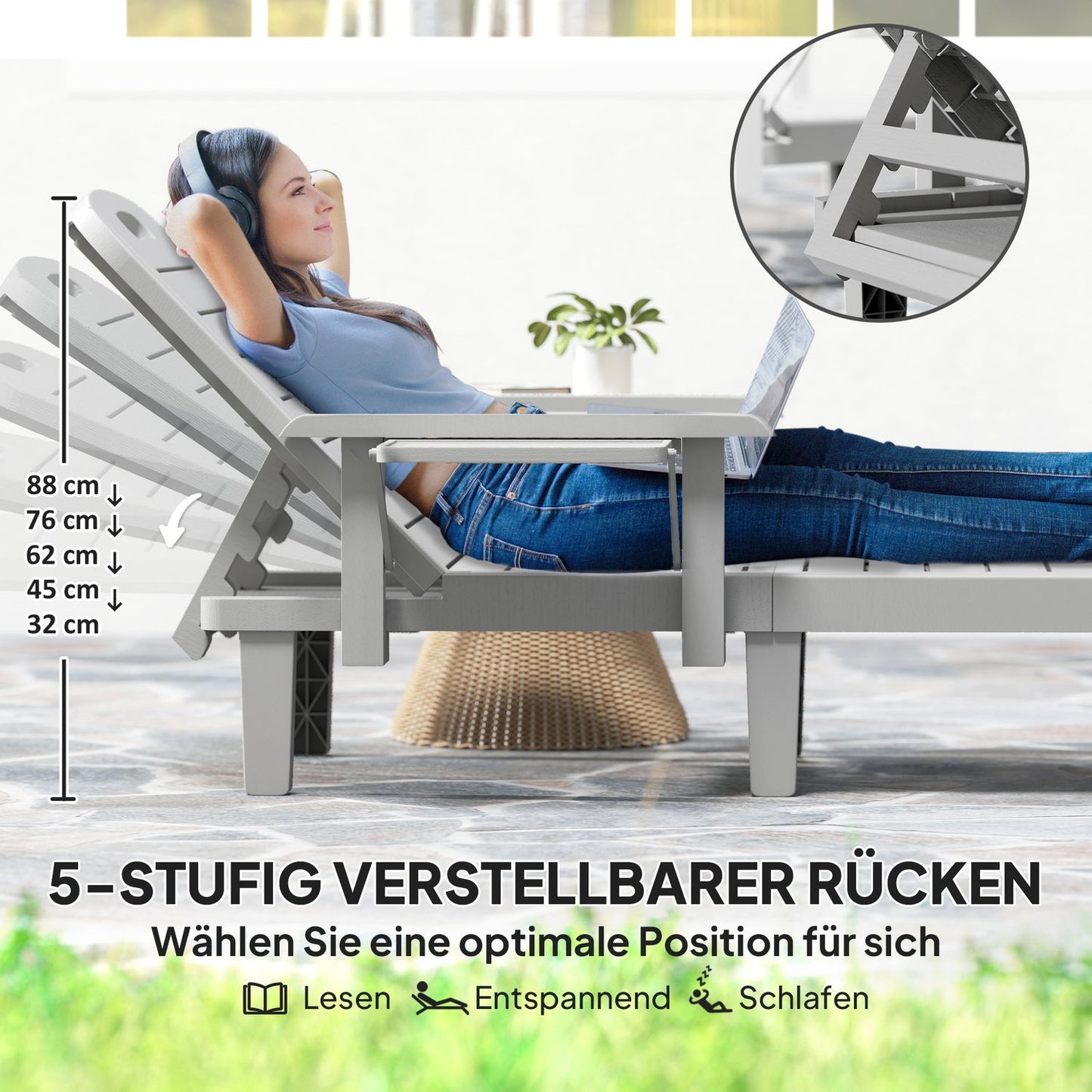 Outdoor sun lounger set, wooden look, adjustable in 5 positions