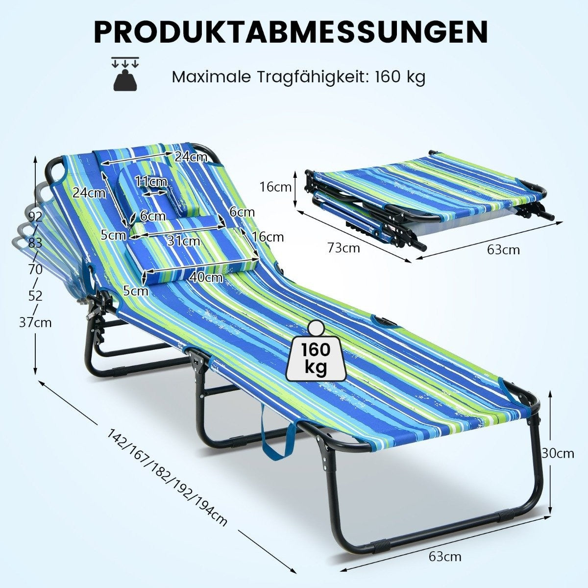 Sun lounger with face opening folding garden lounger with 3 removable cushions blue-green