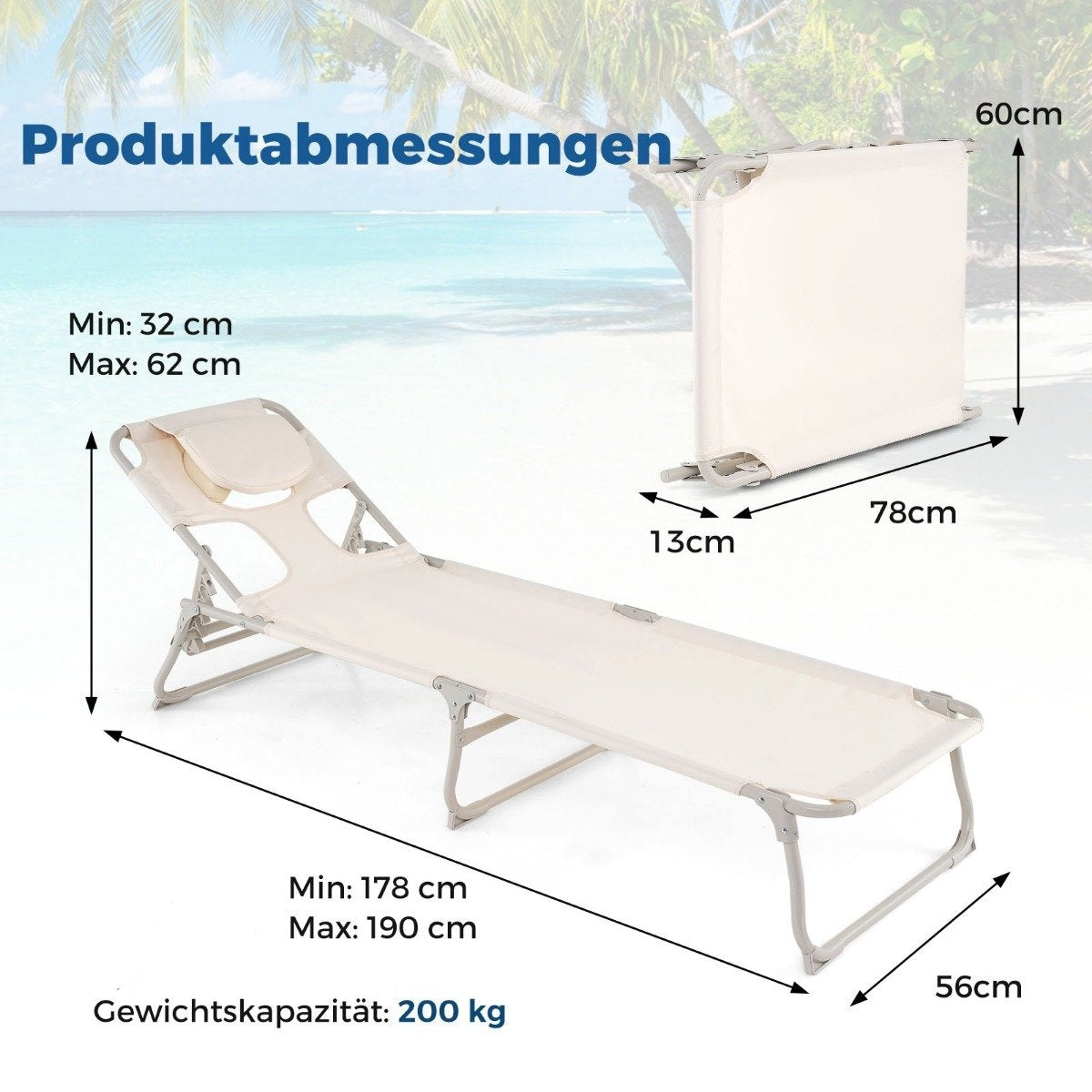 Sun lounger with openings for face and arms, folding garden lounger, deck chair can hold up to 200 kg