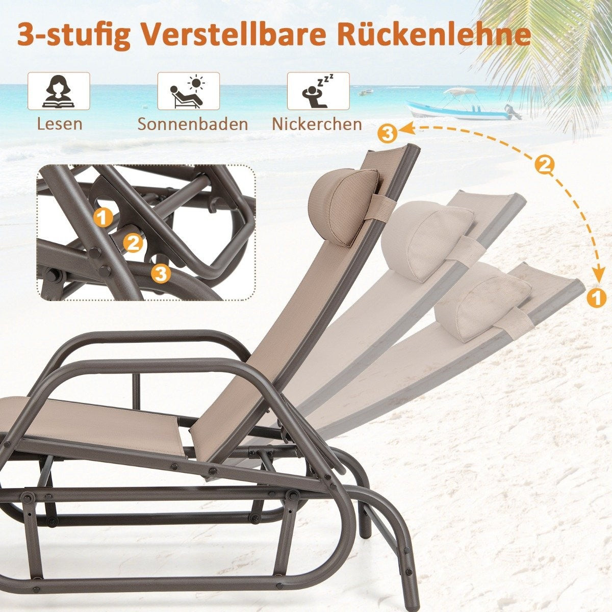 Sun lounger with rocking function, garden lounger with adjustable backrest, brown