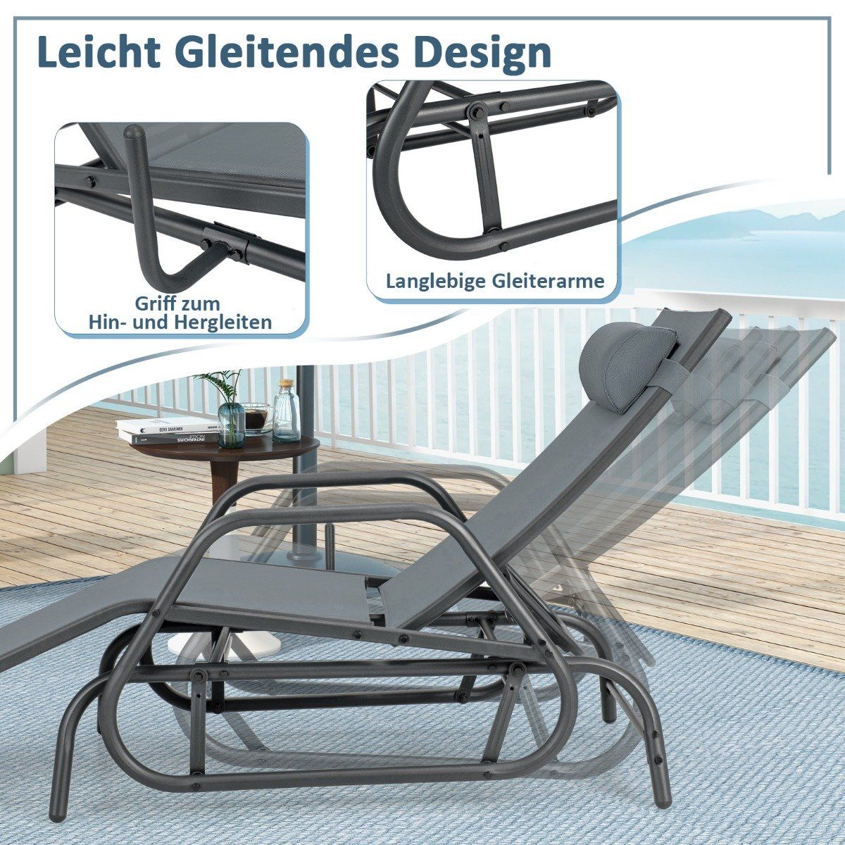 Sun lounger with rocking function, garden lounger with adjustable backrest, grey