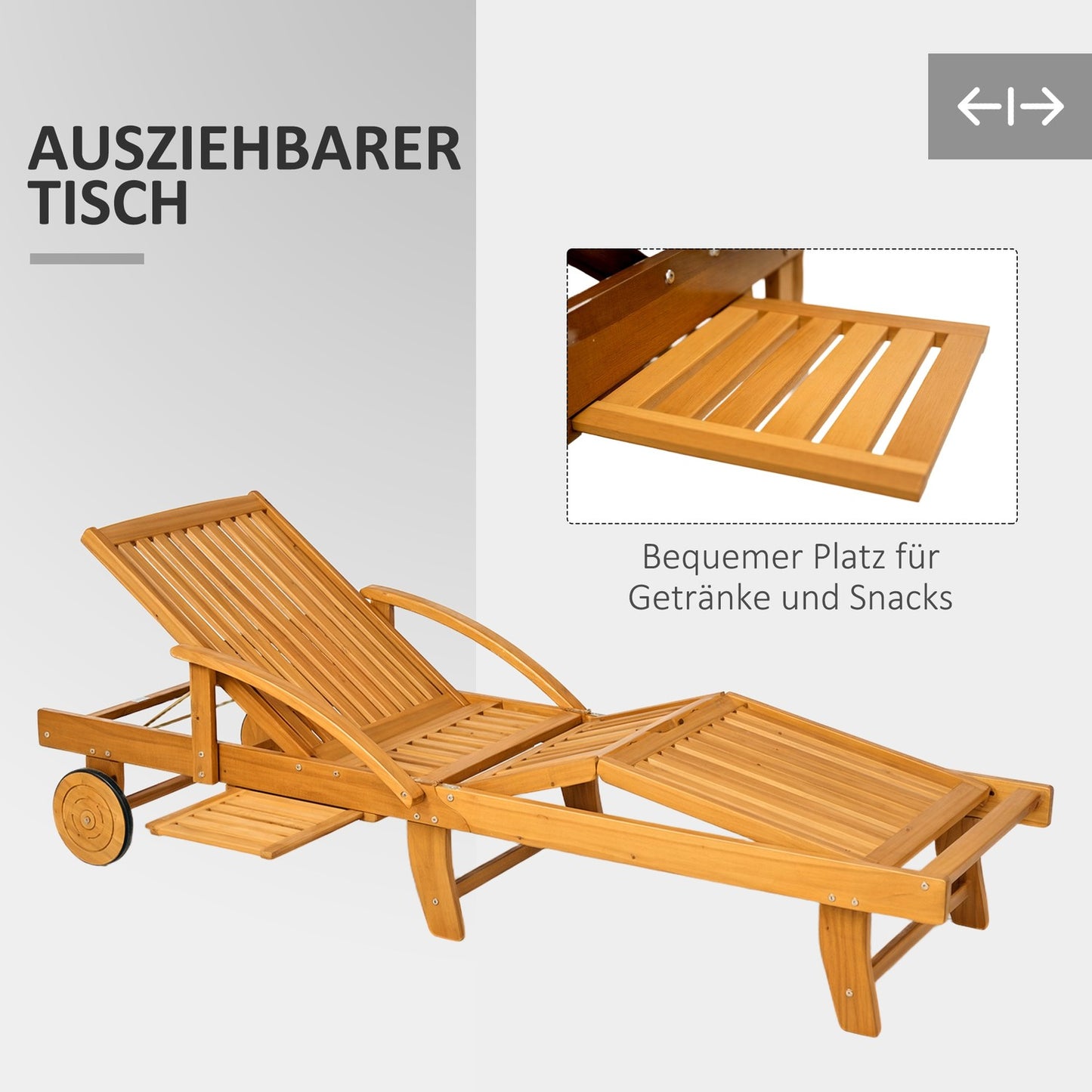 Wooden Folding Sun Lounger with Side Table & Wheels