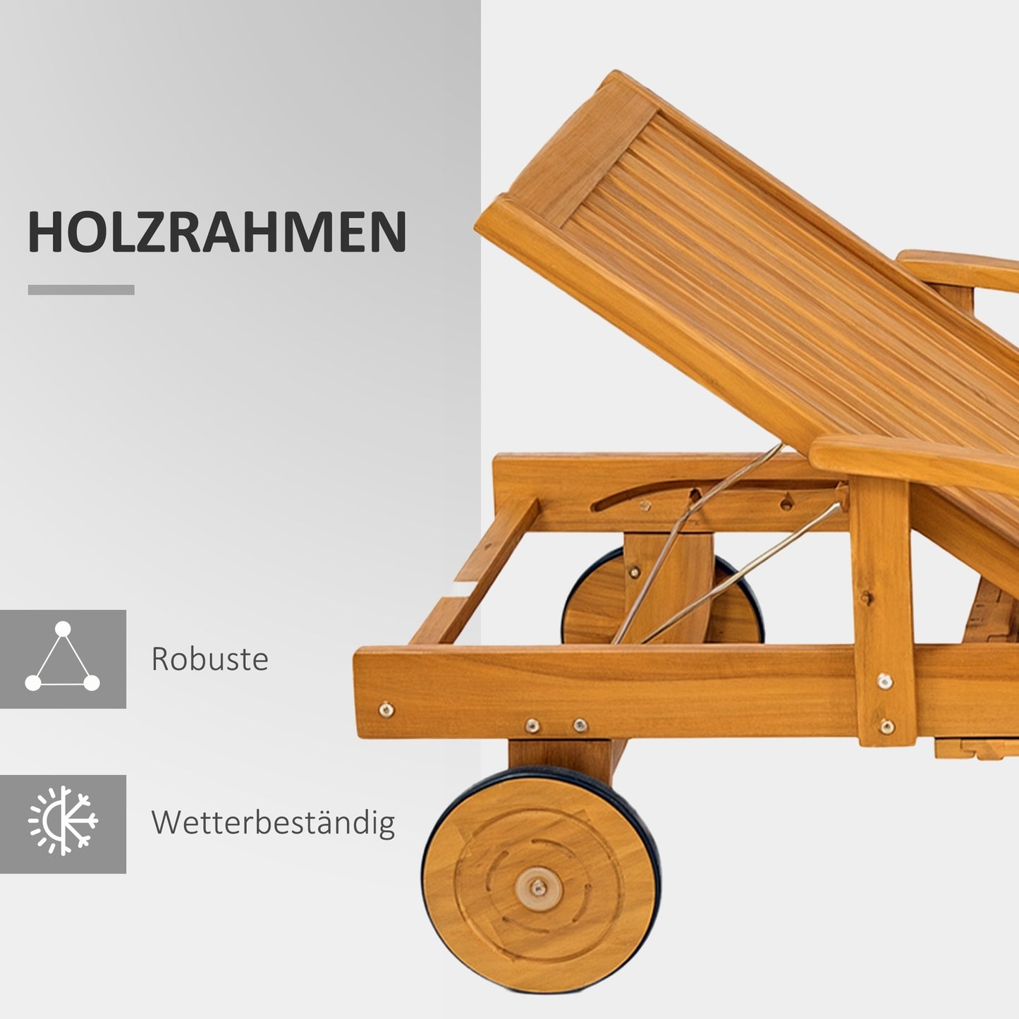 Wooden Folding Sun Lounger with Side Table & Wheels