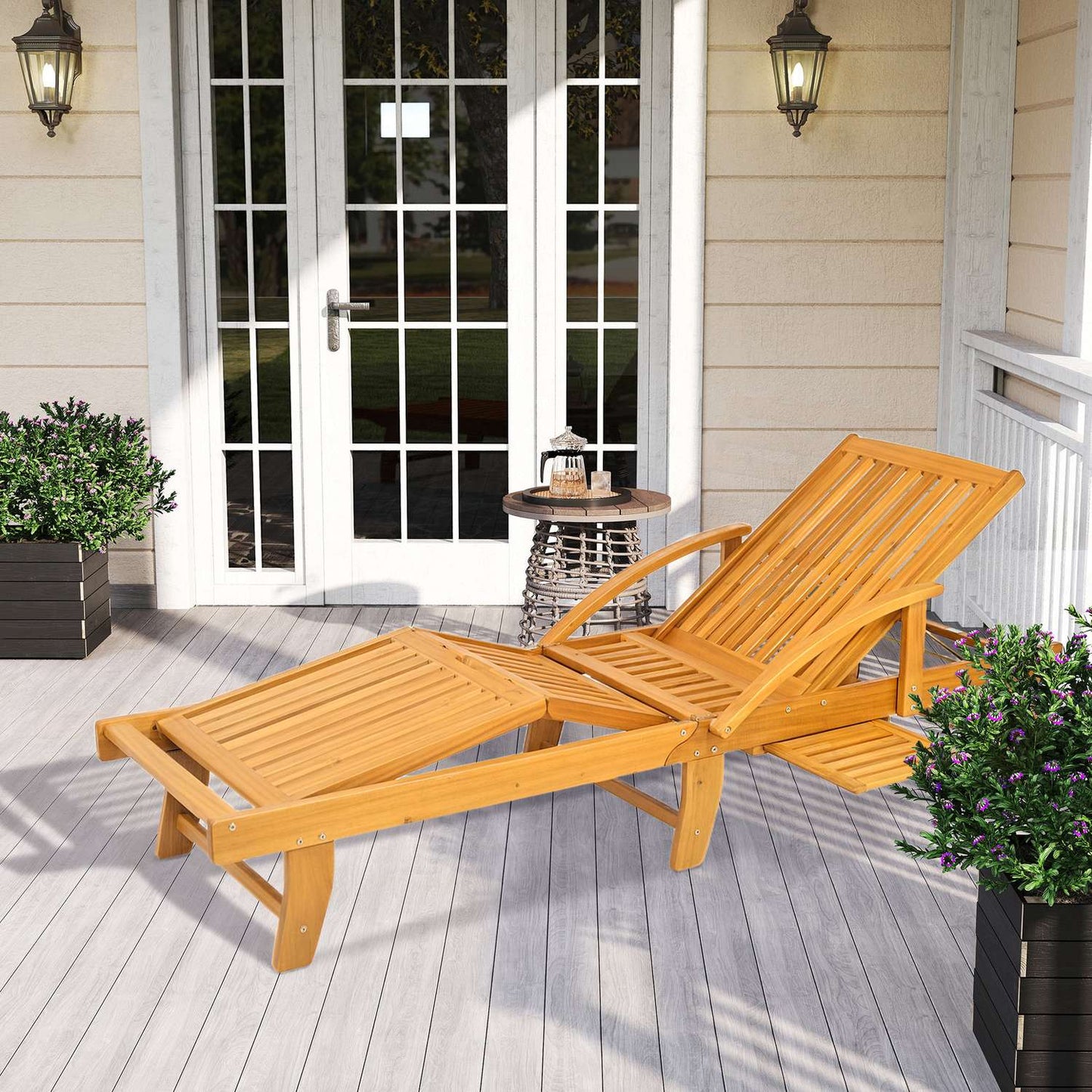 Wooden Folding Sun Lounger with Side Table & Wheels