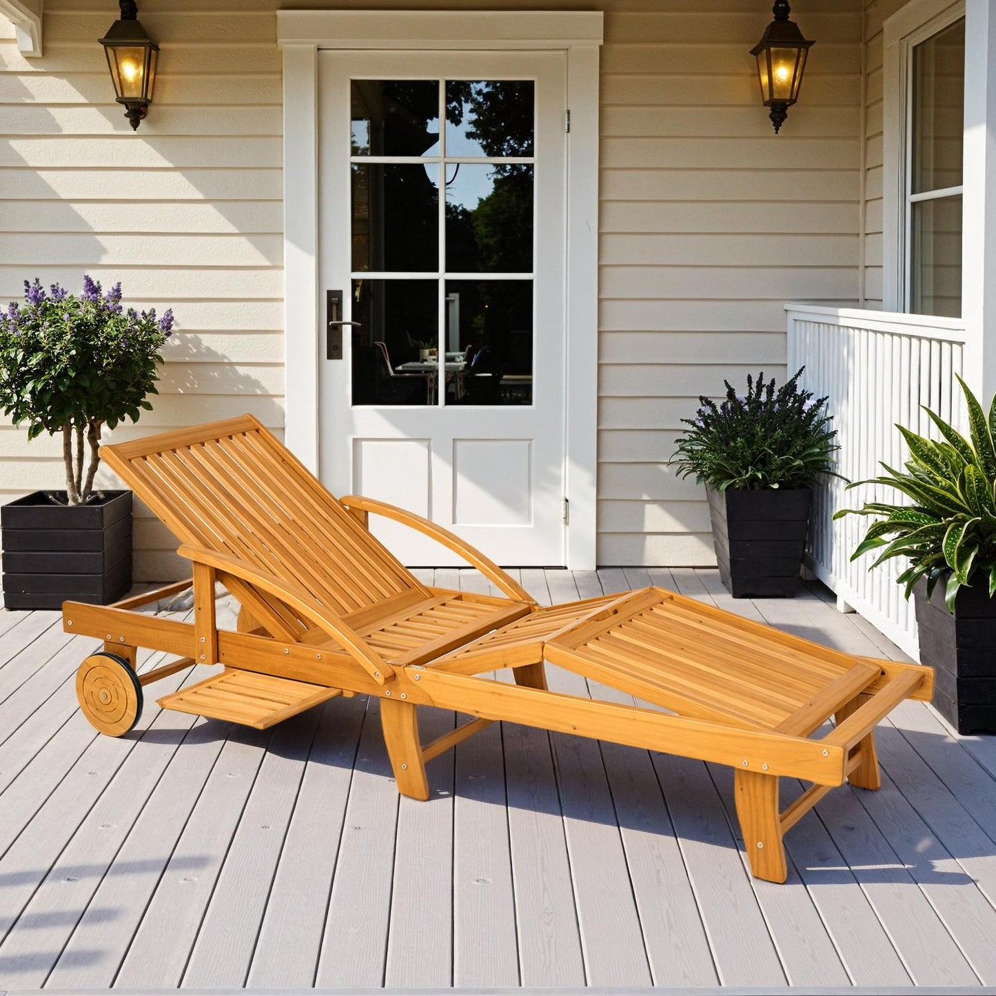 Wooden Folding Sun Lounger with Side Table & Wheels