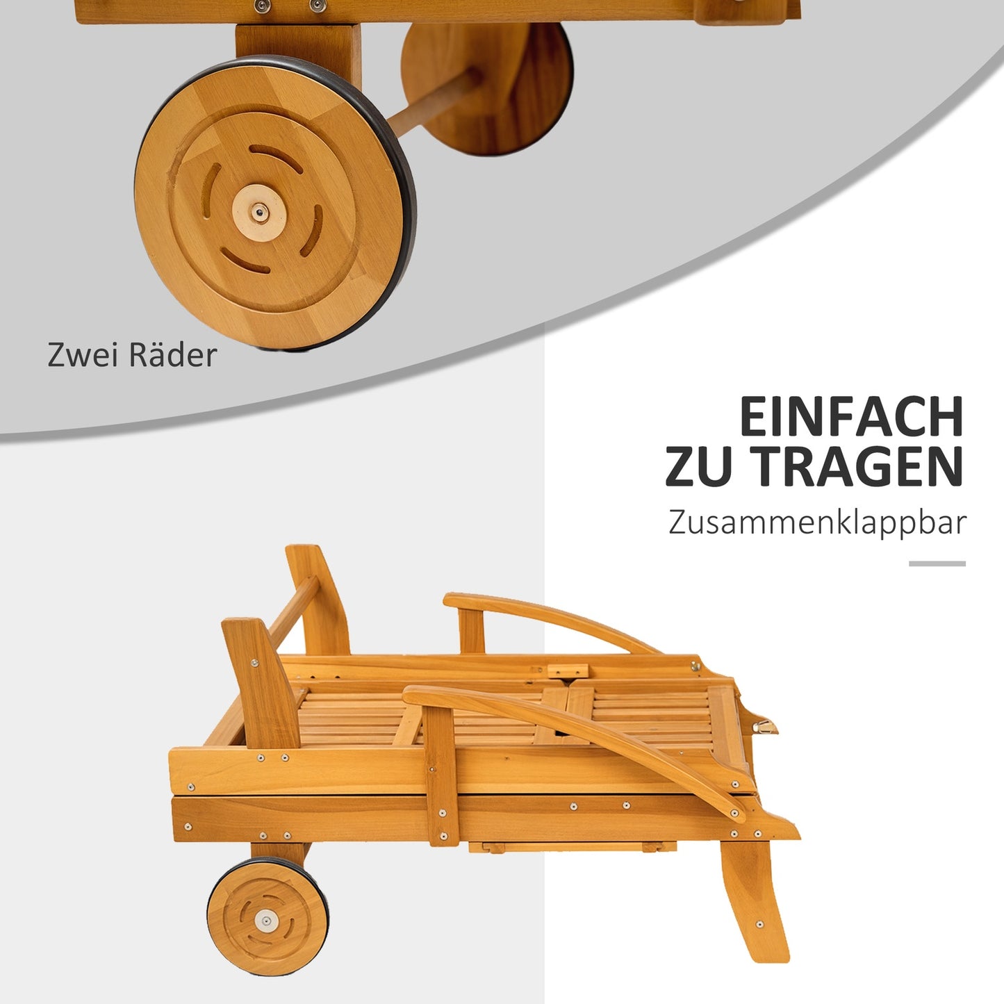Wooden Folding Sun Lounger with Side Table & Wheels